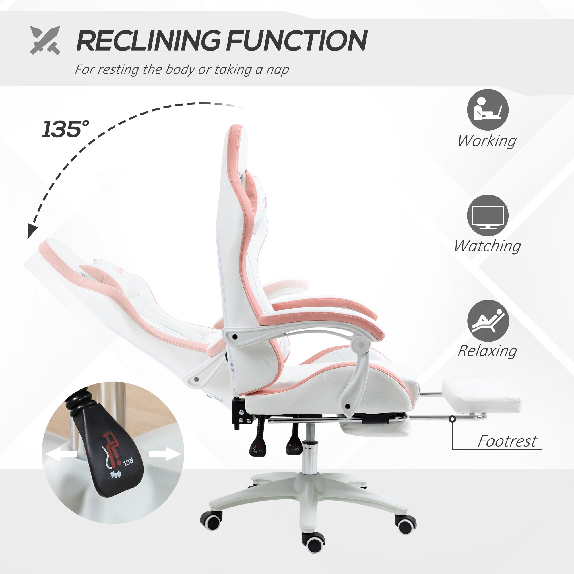 Vinsetto Computer Gaming Chair, PU Leather Desk Chair with Footrest, Swivel Task Chair with 135° Reclining Back and Lumbar Support, PC Chair for Adults, White and Pink