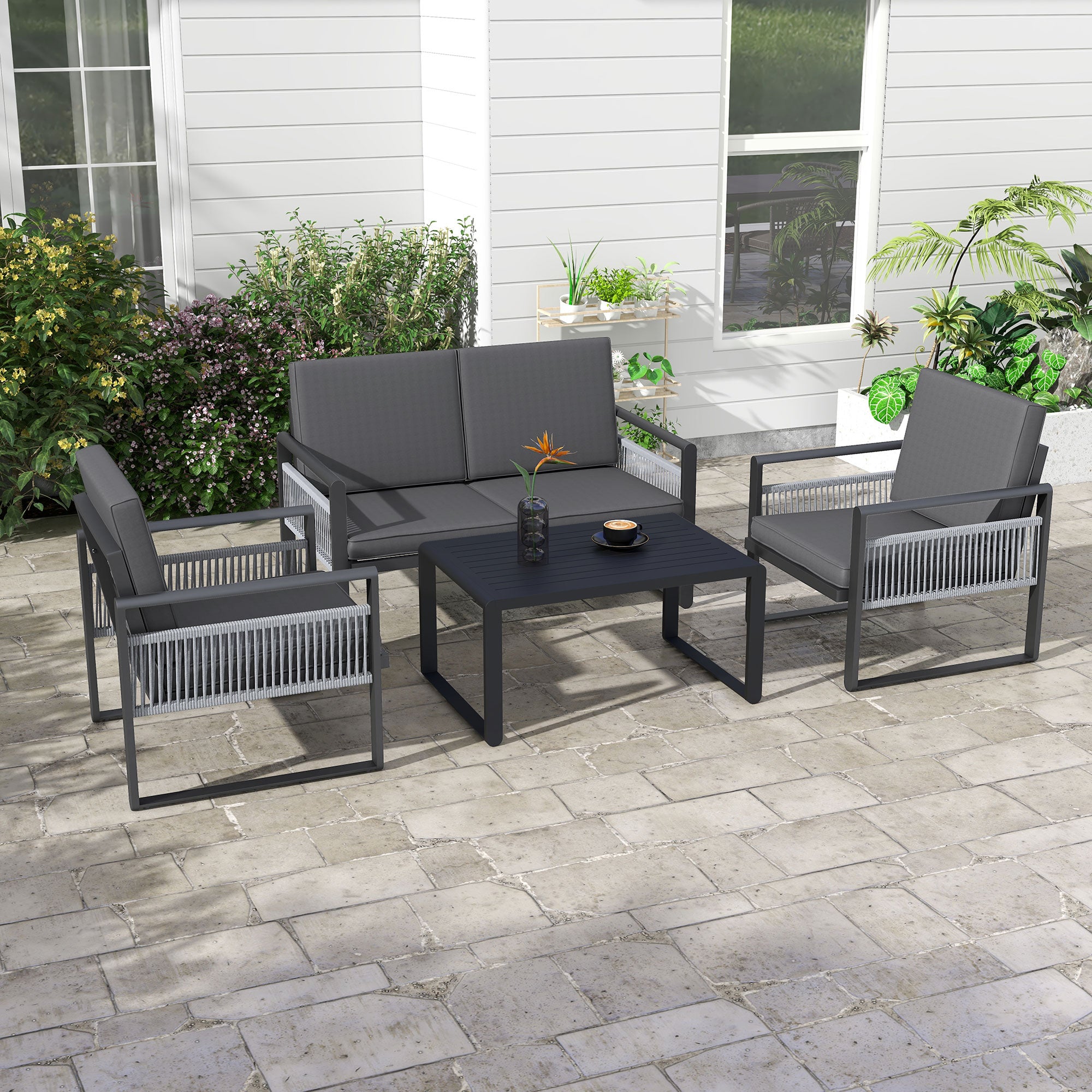 Outsunny Four-Piece Aluminium Garden Dining Set, with Cushions - North Peak Garden Furniture