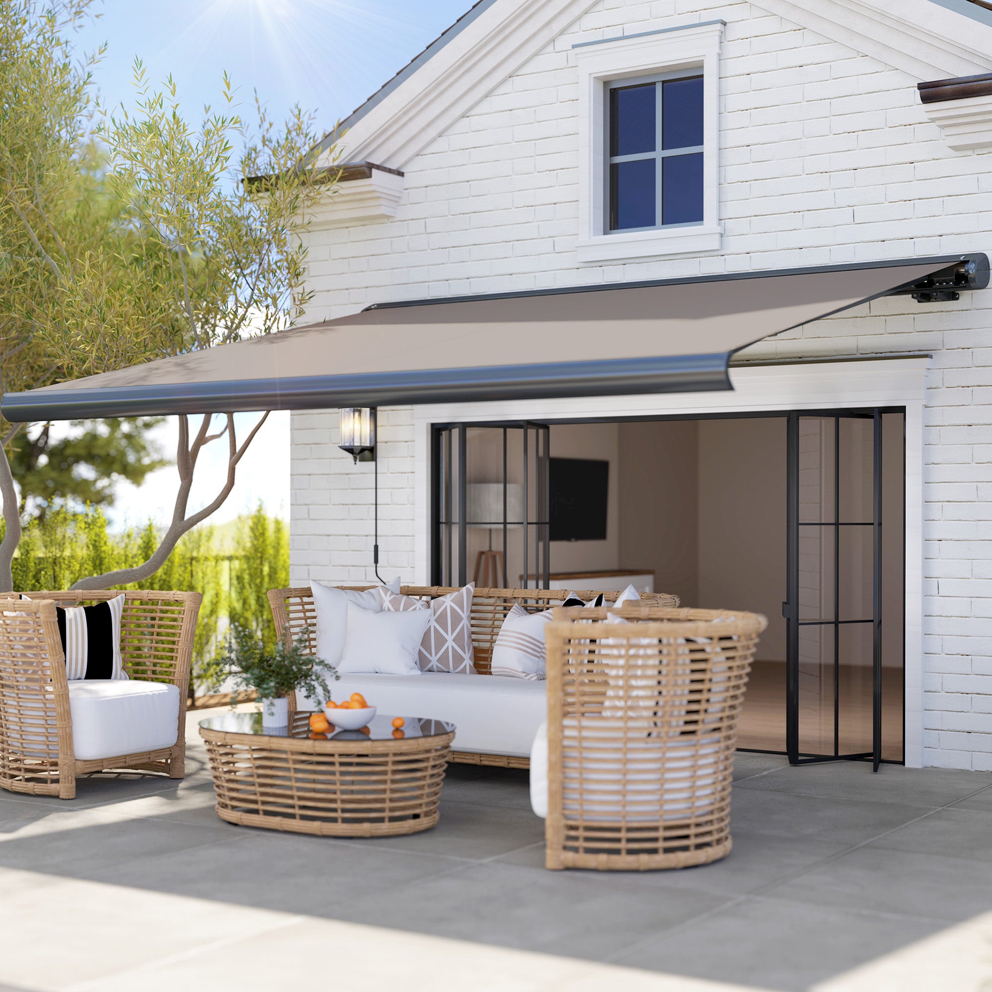 Outsunny 3.5 x 3 m Electric Awning with Remote Controller, Aluminium Frame DIY Retractable Awning, UV50+ Sun Shade Canopy for Garden Patio Deck Door Window, Light Grey - North Peak Garden Furniture