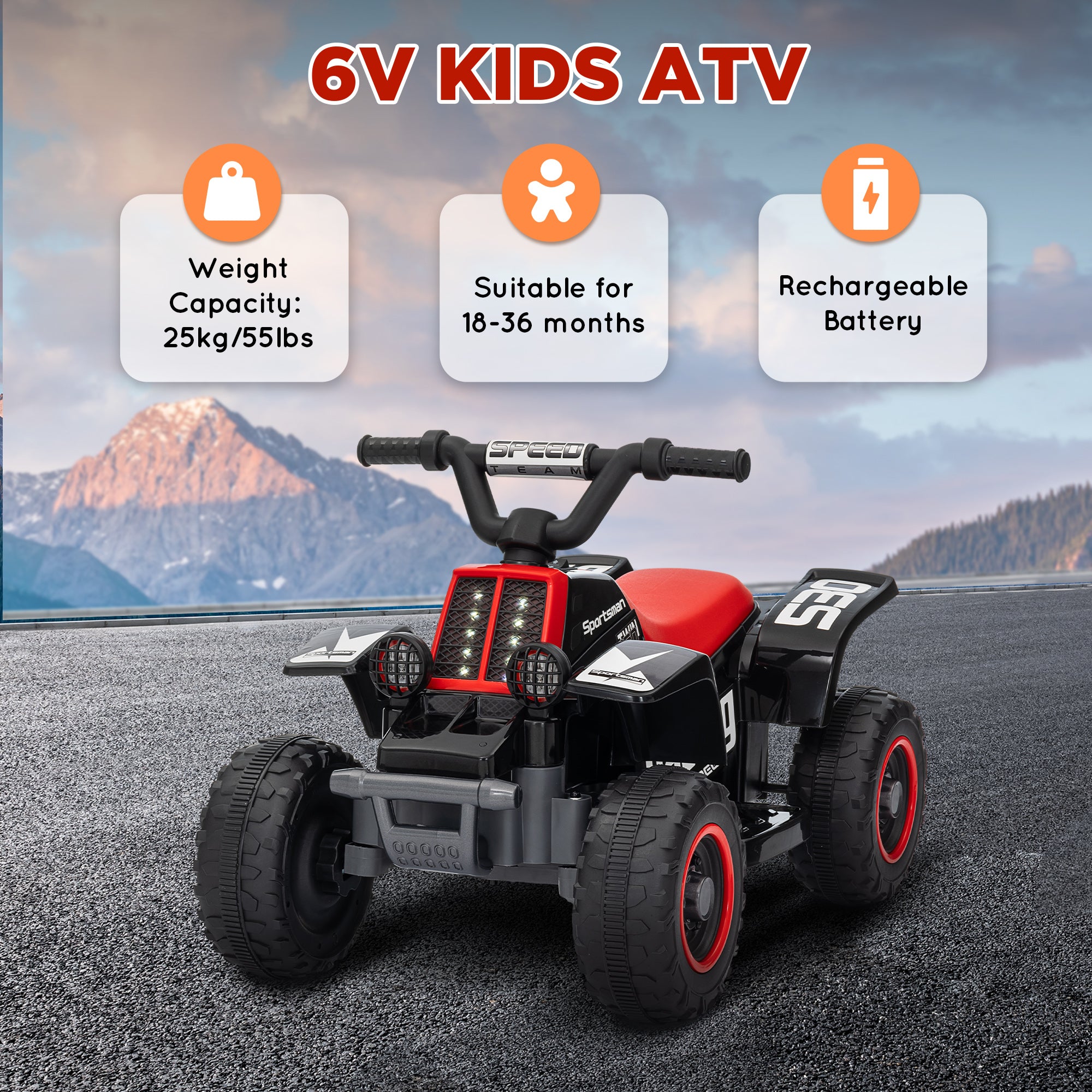 AIYAPLAY 6V Electric Quad Bike for Kids, Ride On ATV w/ Forward Backward, Headlights, for 18-36 Months, Black and Red - North Peak Garden Furniture