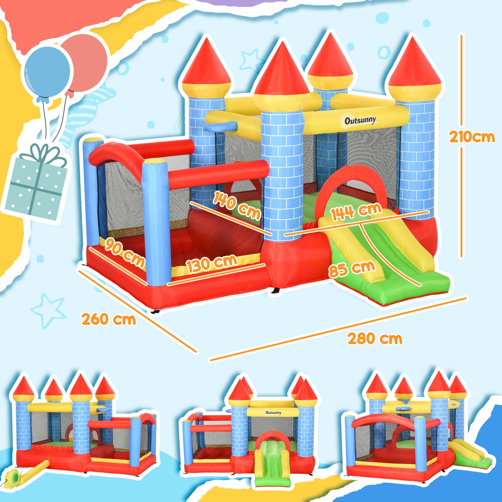 Outsunny Kids Bounce Castle Inflatable Trampoline Slide Pool Basket for Kids Age 3-10, 3 x 2.75 x 2.1m - North Peak Garden Furniture