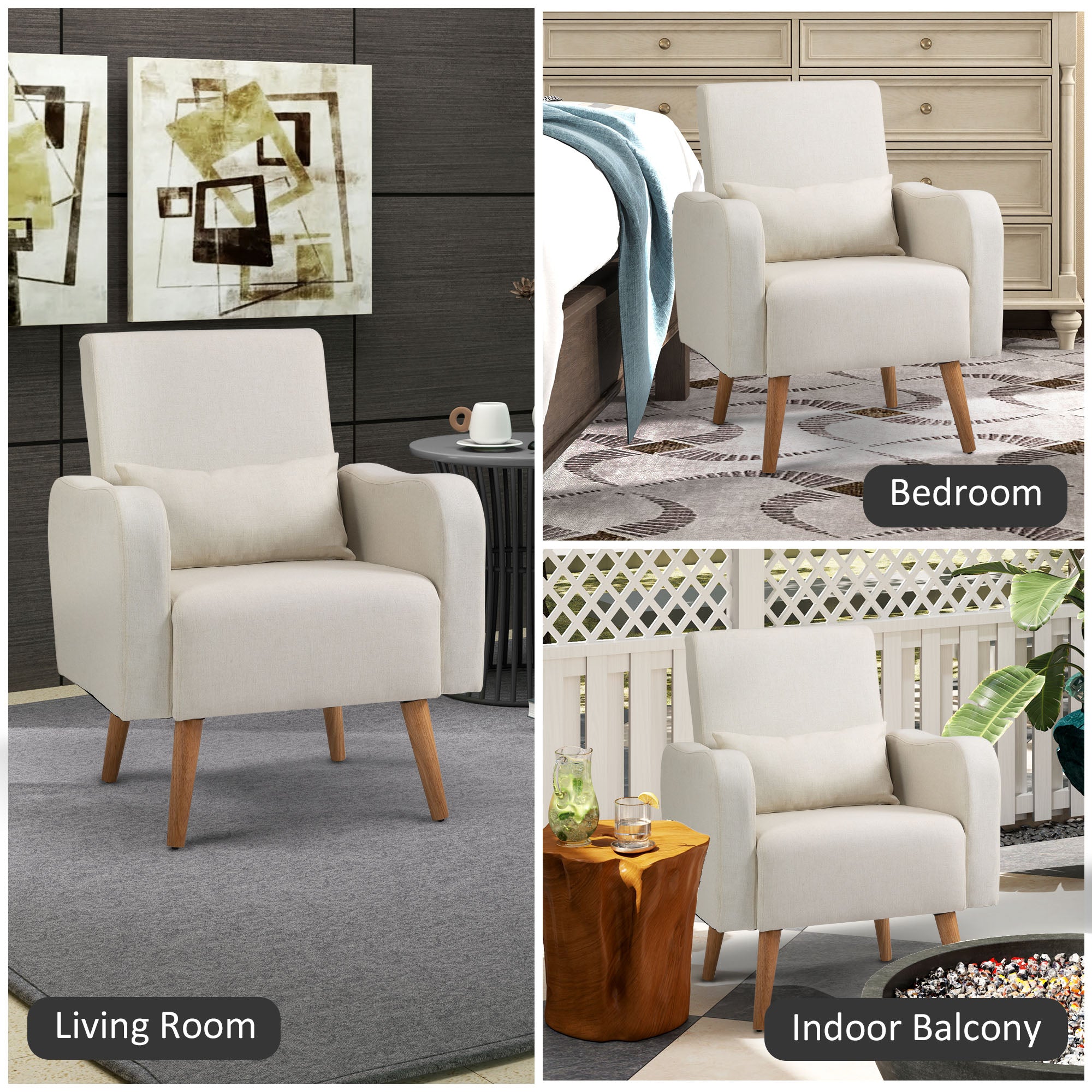 HOMCOM Accent Chair, Linen-Touch Armchair, Upholstered Leisure Lounge Sofa for Living Room, Club Chair with Wooden Frame, Cream - North Peak Garden Furniture