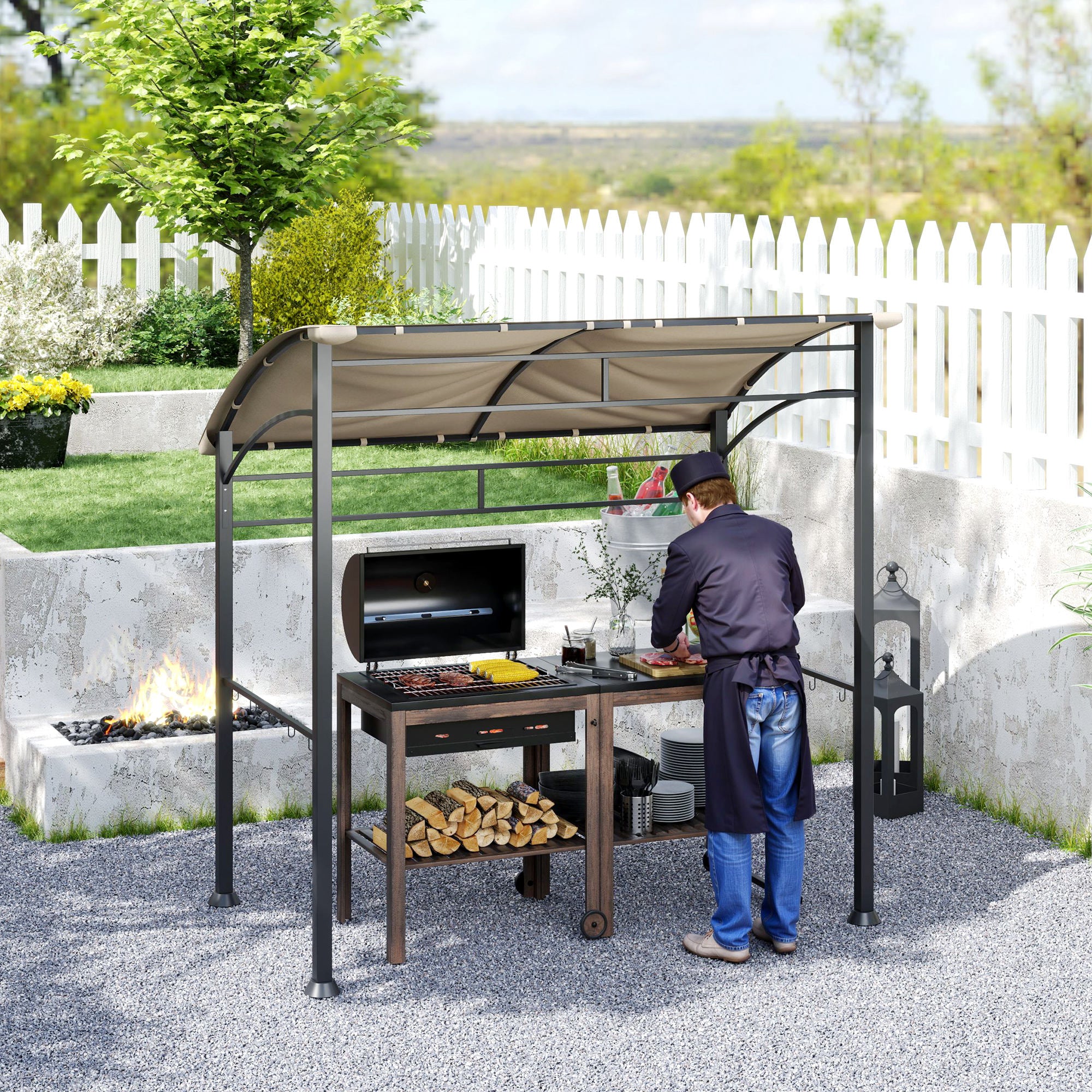 Outsunny 2.2 x 1.5 m BBQ Grill Gazebo Tent, Garden Grill with Metal Frame, Curved Canopy and 10 Hooks, Outdoor Sun Shade, Khaki - North Peak Garden Furniture