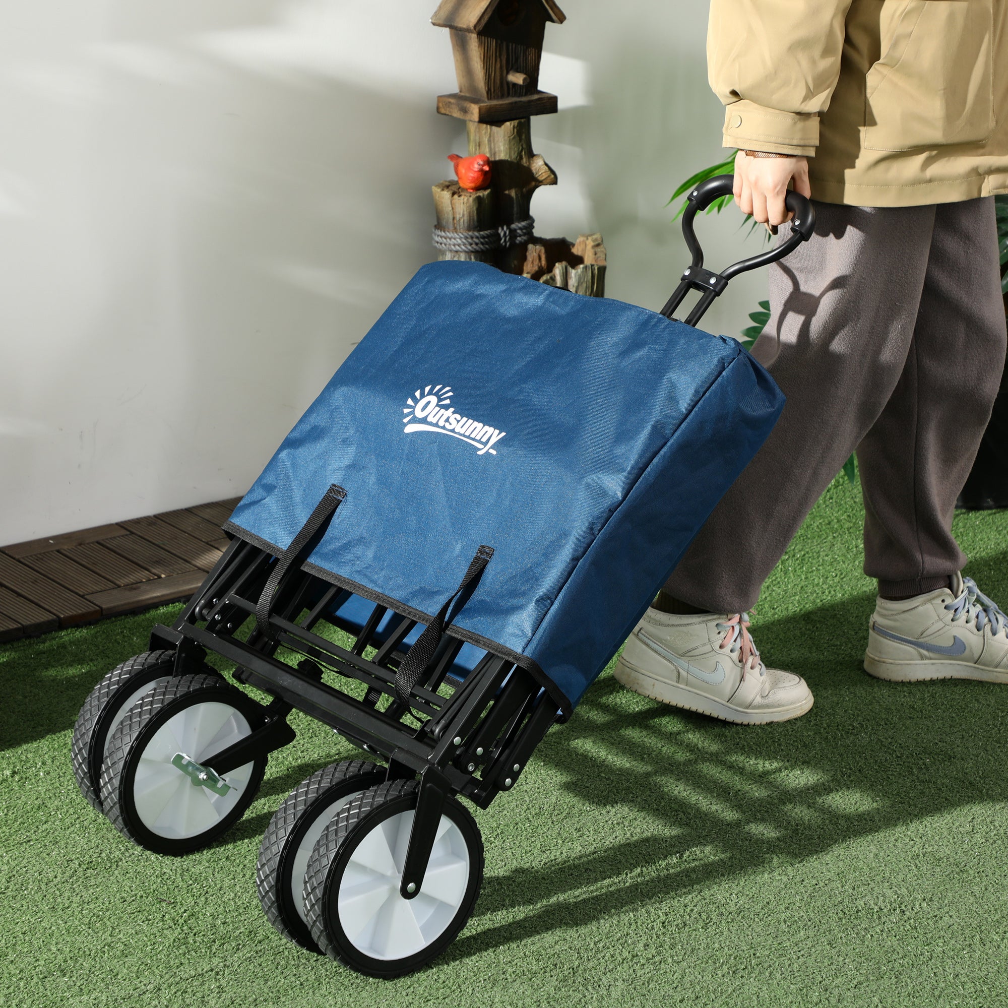 Outsunny 90L Folding Garden Trolley Cart Pull Along Wagon with Telescopic Handle for Beach Camping Festival - Navy Blue - North Peak Garden Furniture