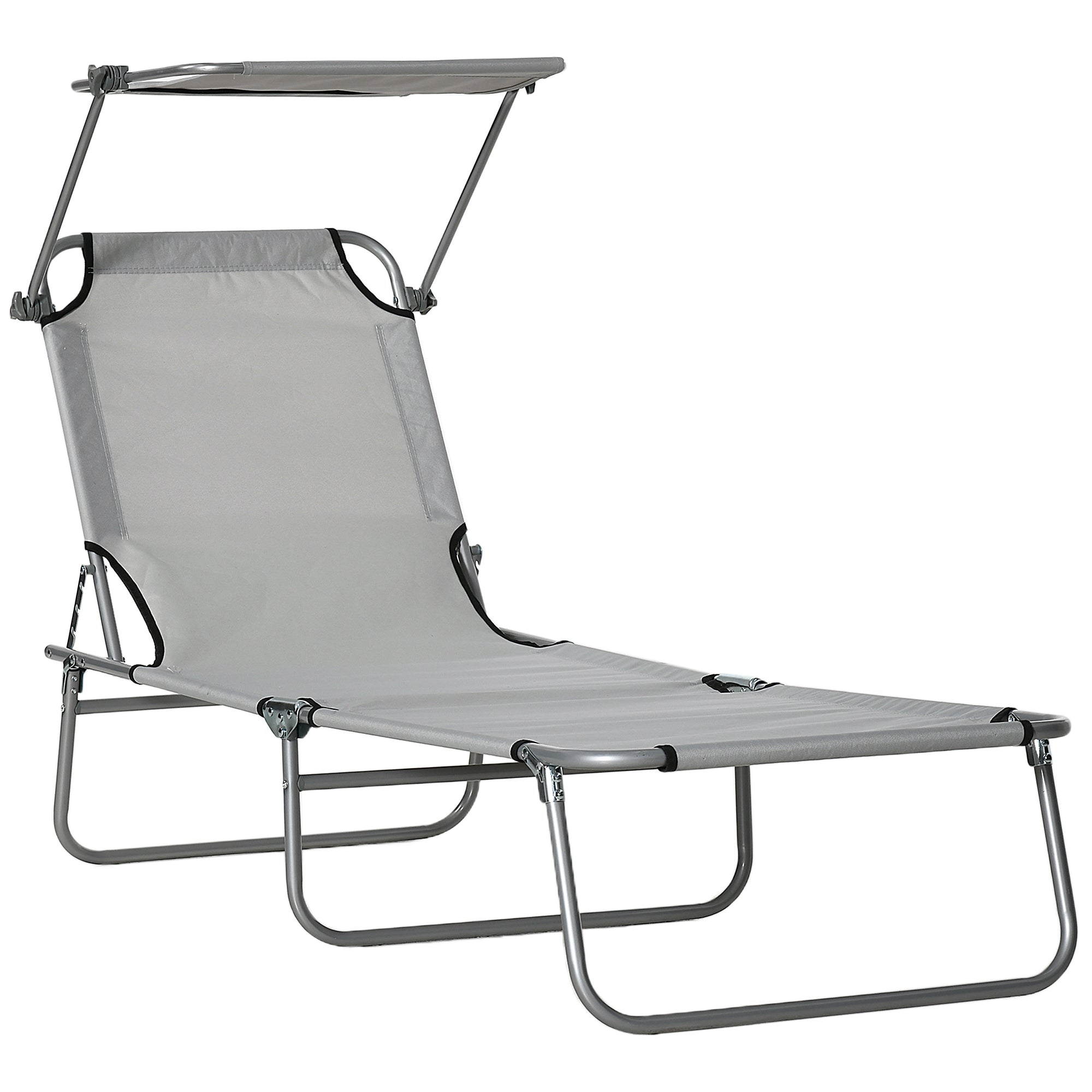 Outsunny Outdoor Foldable Sun Lounger, 4 Level Adjustable Backrest Reclining Sun Lounger Chair with Angle Adjust Sun Shade Awning for Beach, Garden, Patio, Light Grey - North Peak Garden Furniture
