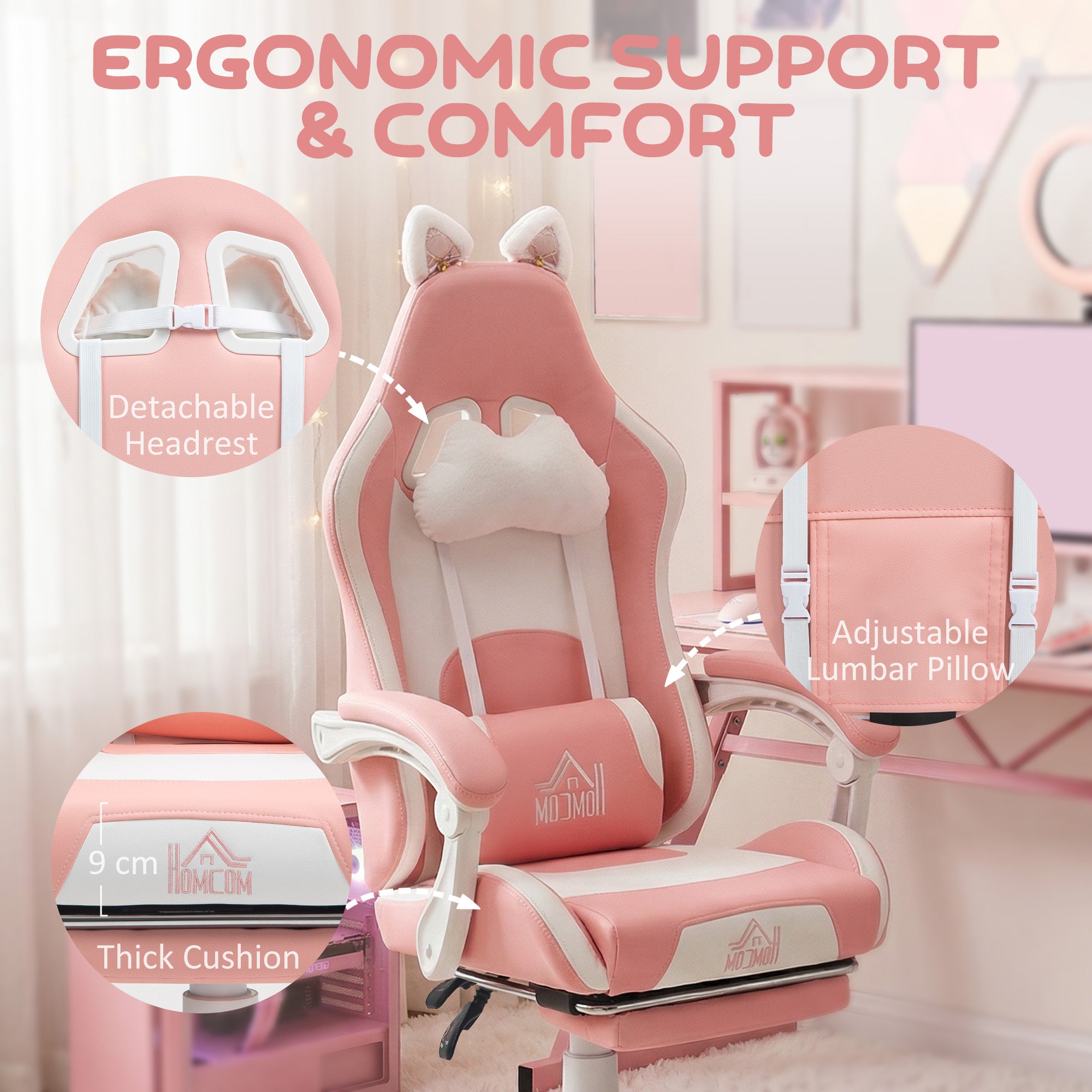 HOMCOM Cat Ear and Paw Reclining Office Chair, with Footrest - Pink/White