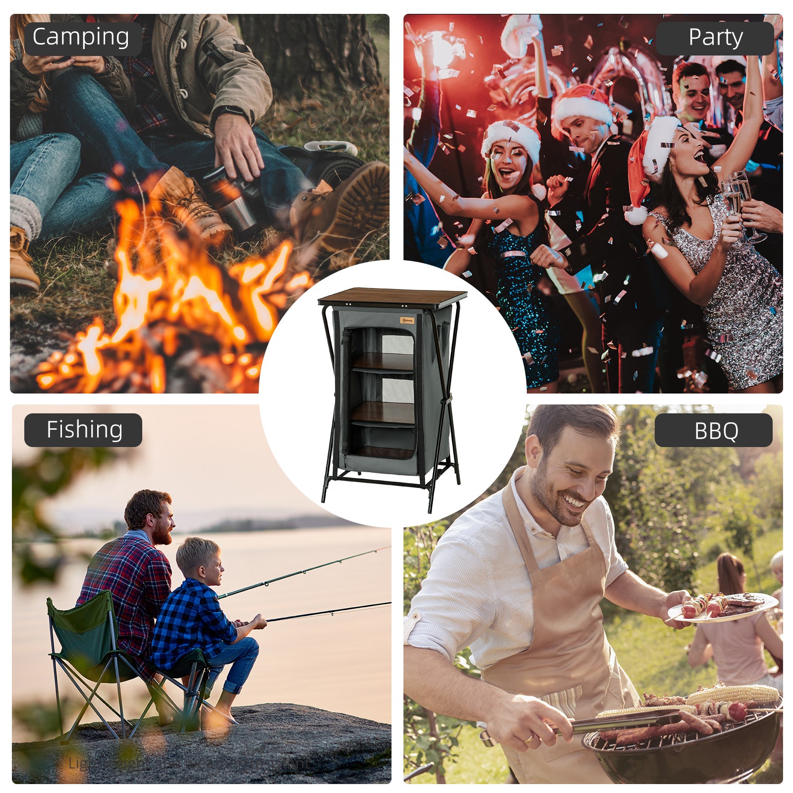 Outsunny Camping Cupboard, Aluminium Foldable Camping Kitchen Station Cook Table with Storage Shelves and Carrying Bag for BBQ Party Picnic Backyard - North Peak Garden Furniture