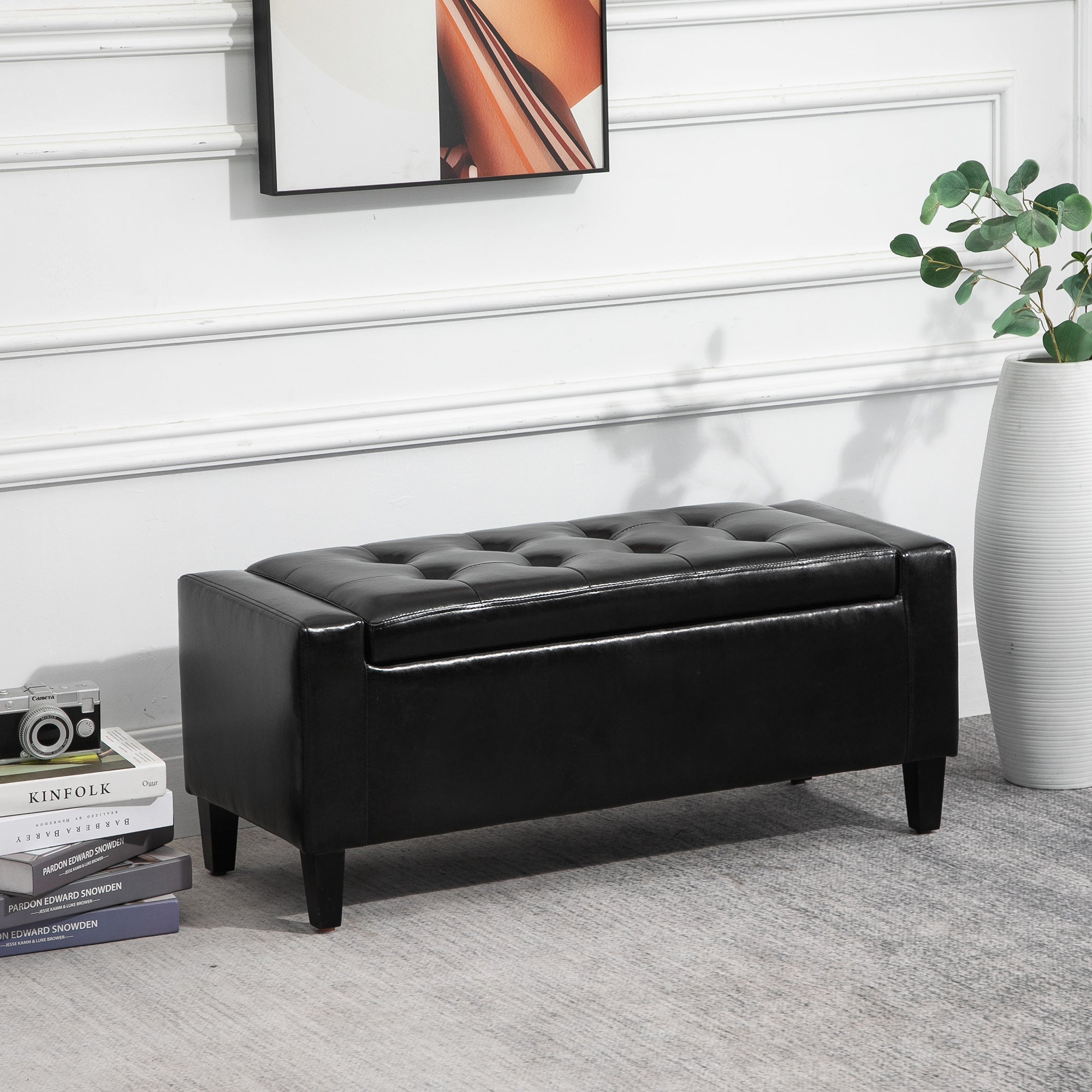 HOMCOM PU Leather Storage Ottoman Bench Storage Chest Tufted Ottoman Cube w/ Flipping Top 92L x 40W x 40H cm Black - North Peak Garden Furniture