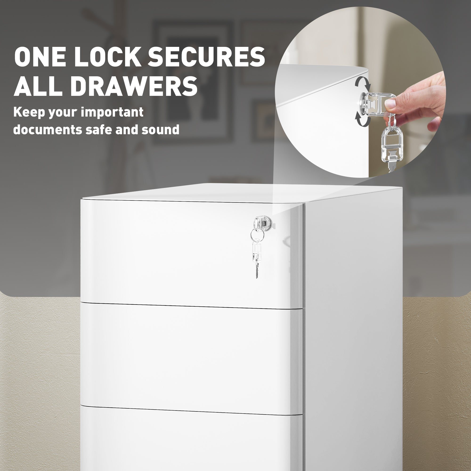 Vinsetto 3-Drawer Steel Filing Cabinet with Lock - White - North Peak Garden Furniture