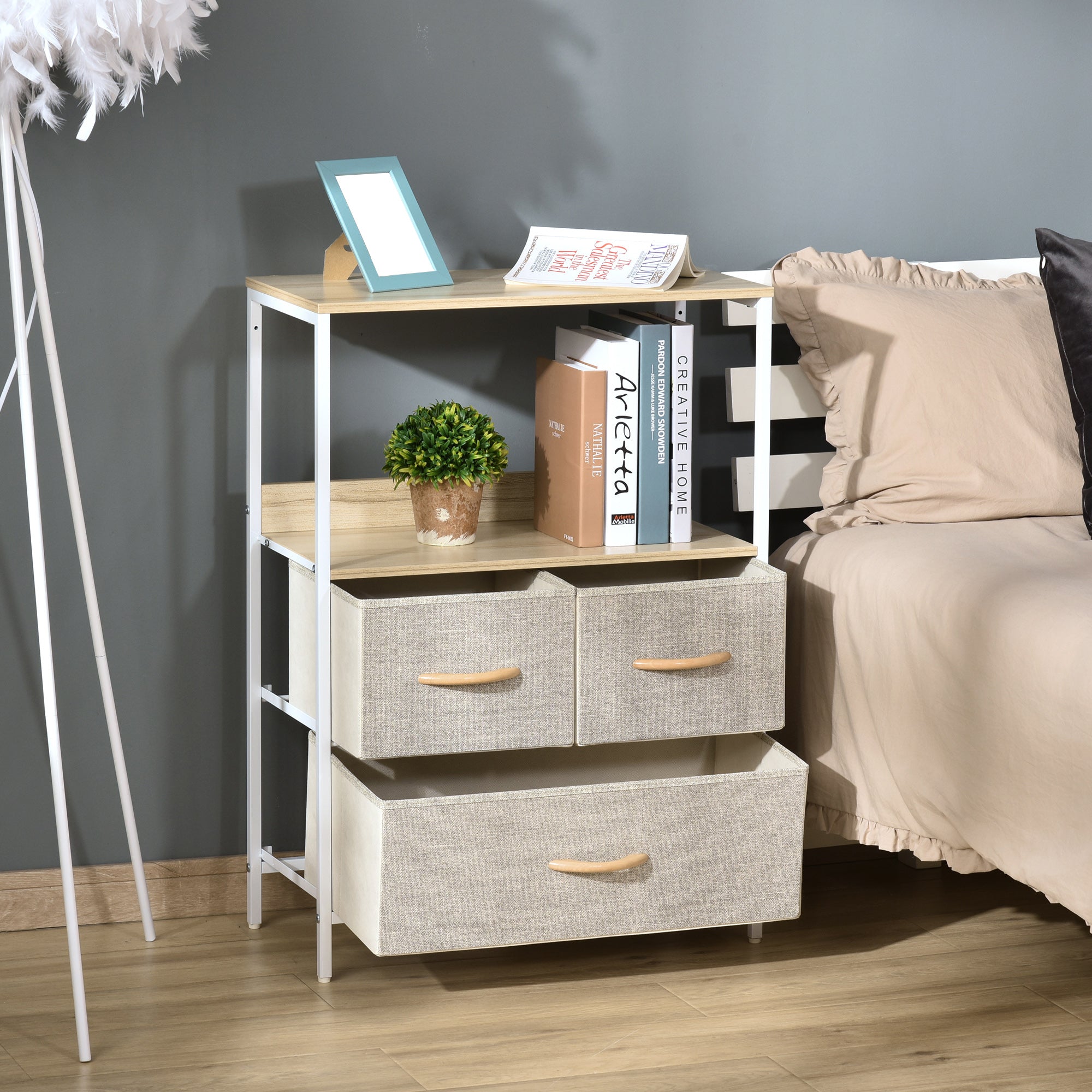 HOMCOM 3 Drawer Storage Chest Unit Home Cabinet w/ Shelves Home Living Room Bedroom Entryway Living Furniture, Light Grey - North Peak Garden Furniture