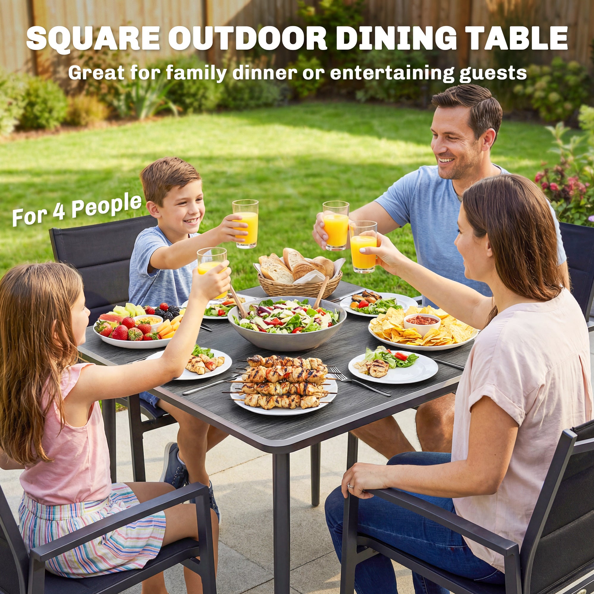 Outsunny Garden Dining Table for 4, 85 cm Square Outdoor Table with Umbrella Hole, Faux Wood Top, Metal Legs, Dark Grey