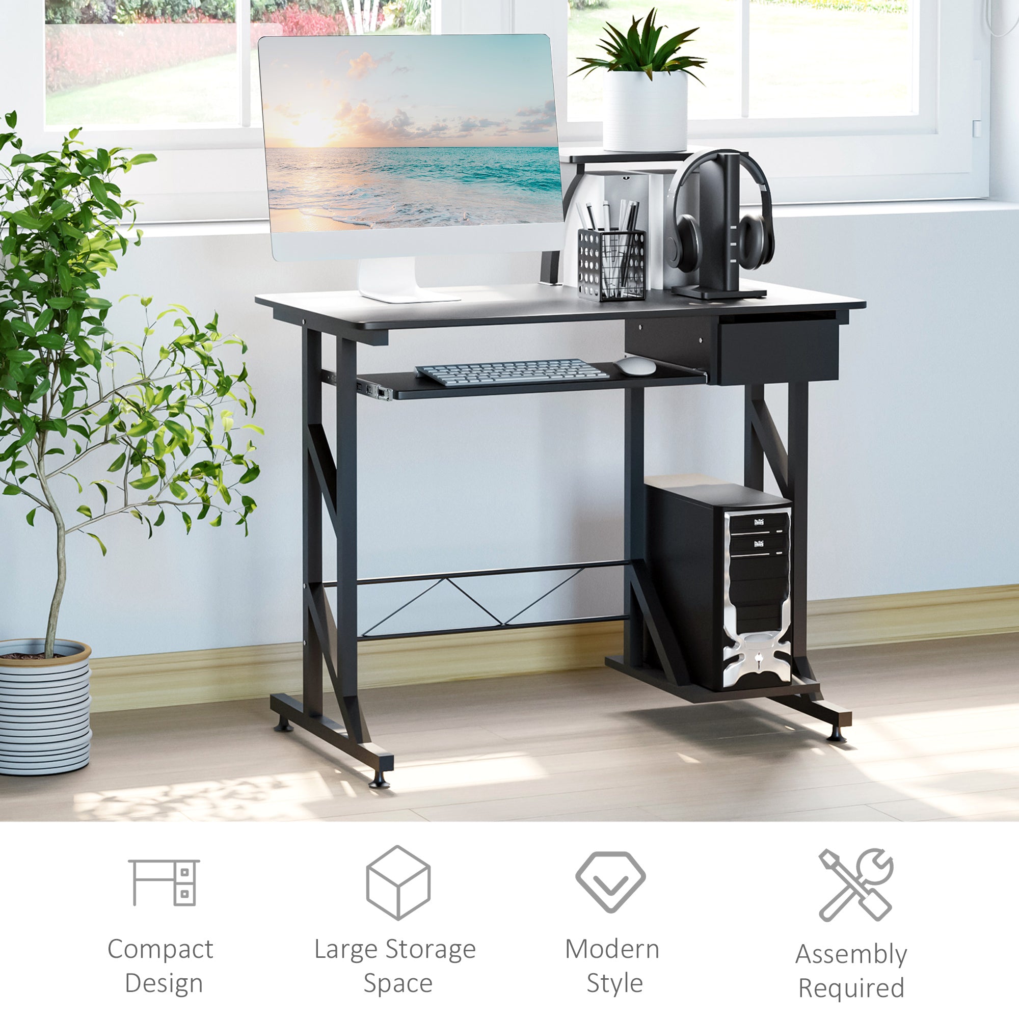 HOMCOM Computer Desk with Display Stand, Sliding Keyboard Tray Drawer and Host Box Shelf Home Office Workstation Black - North Peak Garden Furniture