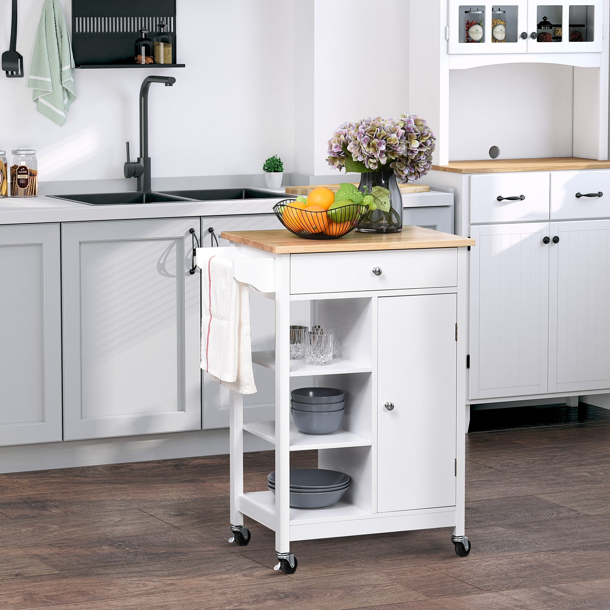 HOMCOM Kitchen Trolley, Kitchen Island on Wheels, w/ Wood Top, 3 Shelves and Storage Cupboard, White - North Peak Garden Furniture