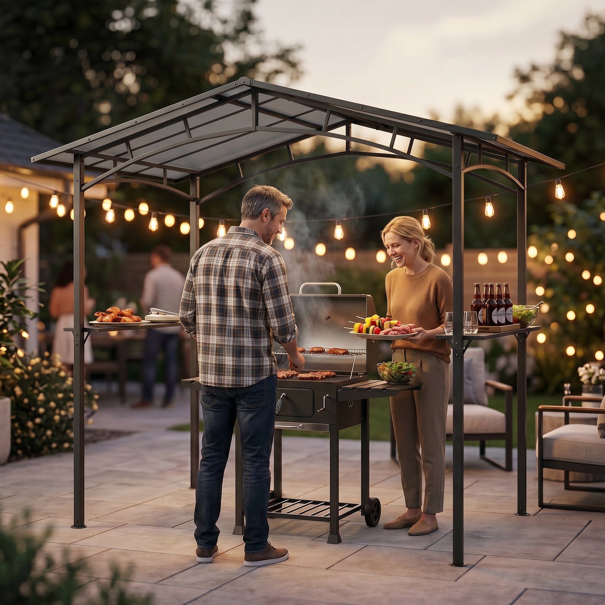 Outsunny 8ft x 5ft Outdoor BBQ Protective Gazebo Tent Aluminium Steel Frame w/ 2 Shelves Hardtop Roof Canopy Ground Stakes Safe Cooking