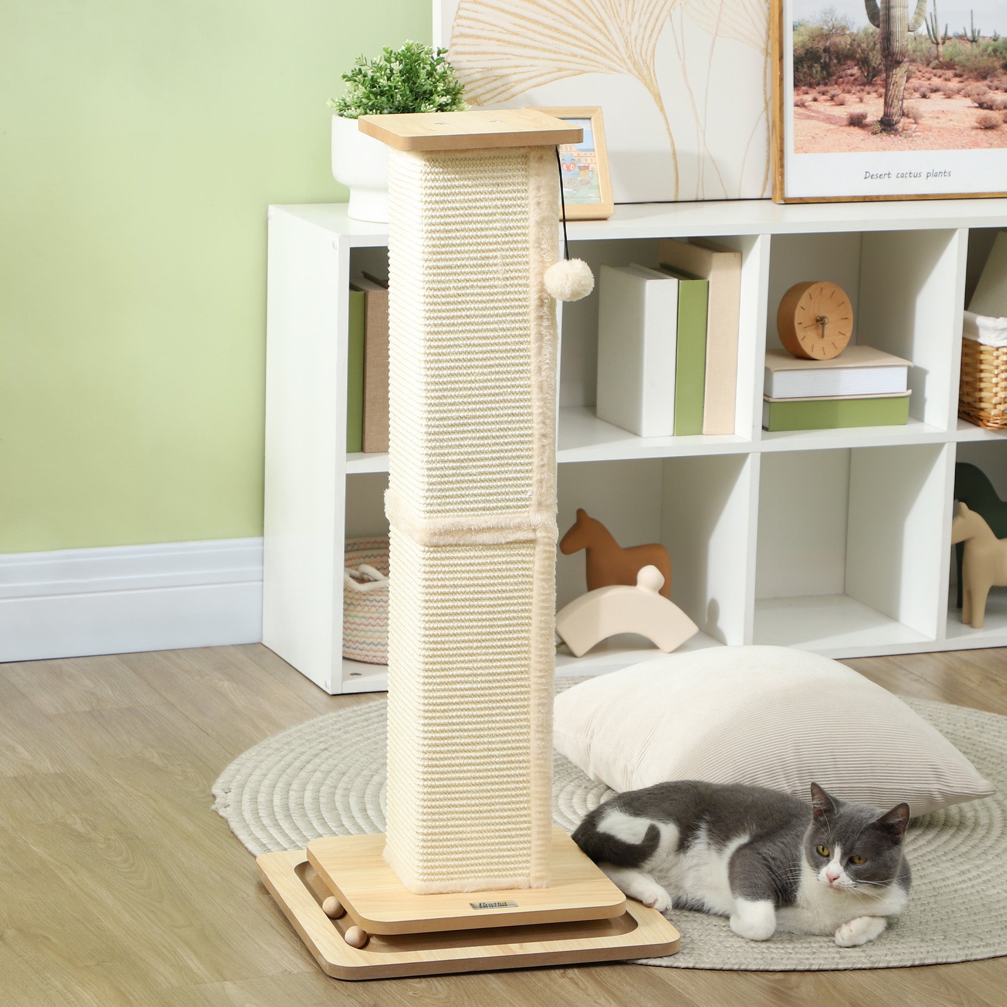 PawHut 3-in-1 Cat Scratching Post, 87cm Cat Scratcher w/ Track Ball Toy, Oak Tone - North Peak Garden Furniture