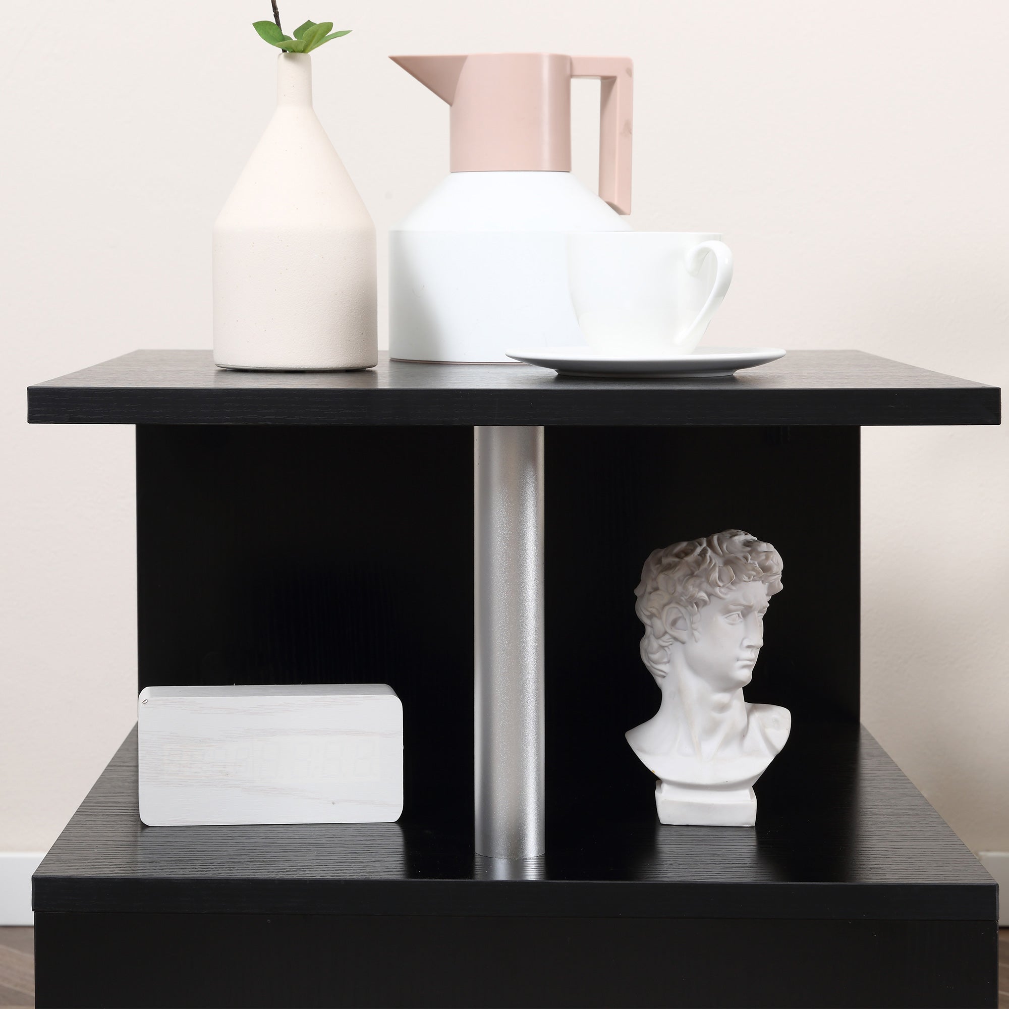 HOMCOM Wooden S Shape Cube Coffee Table 2 Tier Storage Shelves Organizer Office Bookcase Living Room End Desk Stand Display Set of 2 (Black) - North Peak Garden Furniture