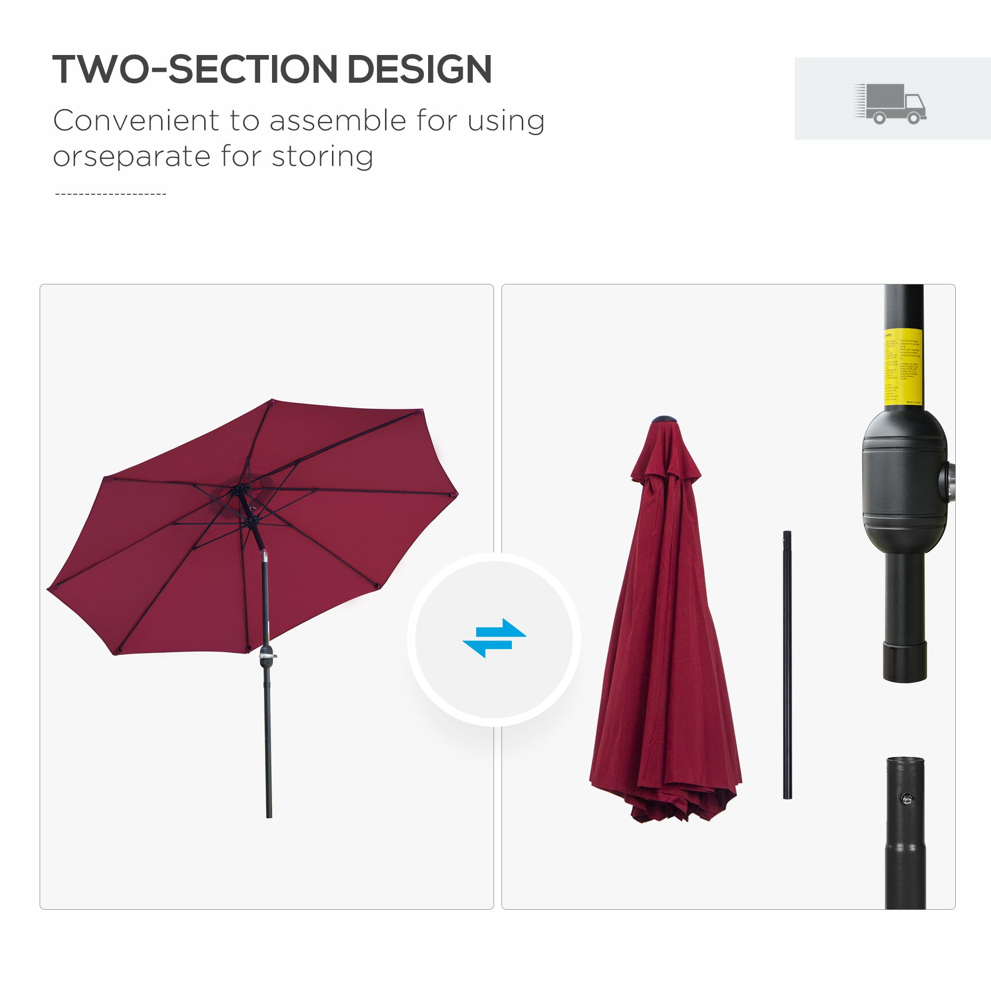 Outsunny 2.7M Garden Parasol Umbrella with Glass Fibre Ribs and Aluminium Frame, Tilting Sun Shade Shelter Canopy, Wine Red - North Peak Garden Furniture