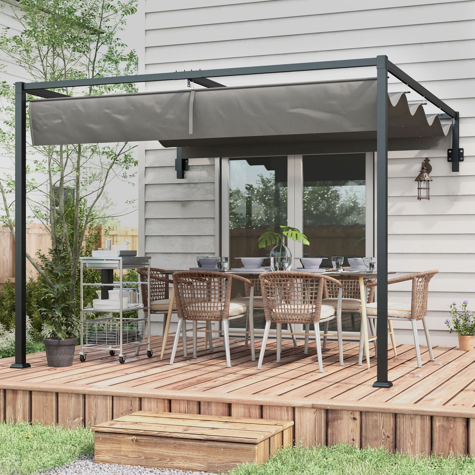 Outsunny 2 x 3(m) Lean To Pergola, Metal Pergola with Retractable Roof for Grill, Garden, Patio, Deck - North Peak Garden Furniture
