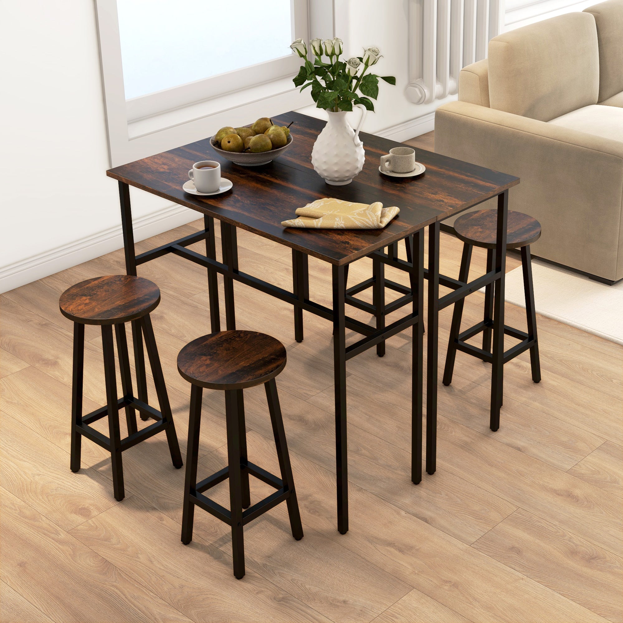 HOMCOM 6-Piece Bar Table Set, 2 Breakfast Tables with 4 Stools, Counter Height Dining Tables & Chairs for Kitchen, Living Room, Rustic Brown - North Peak Garden Furniture