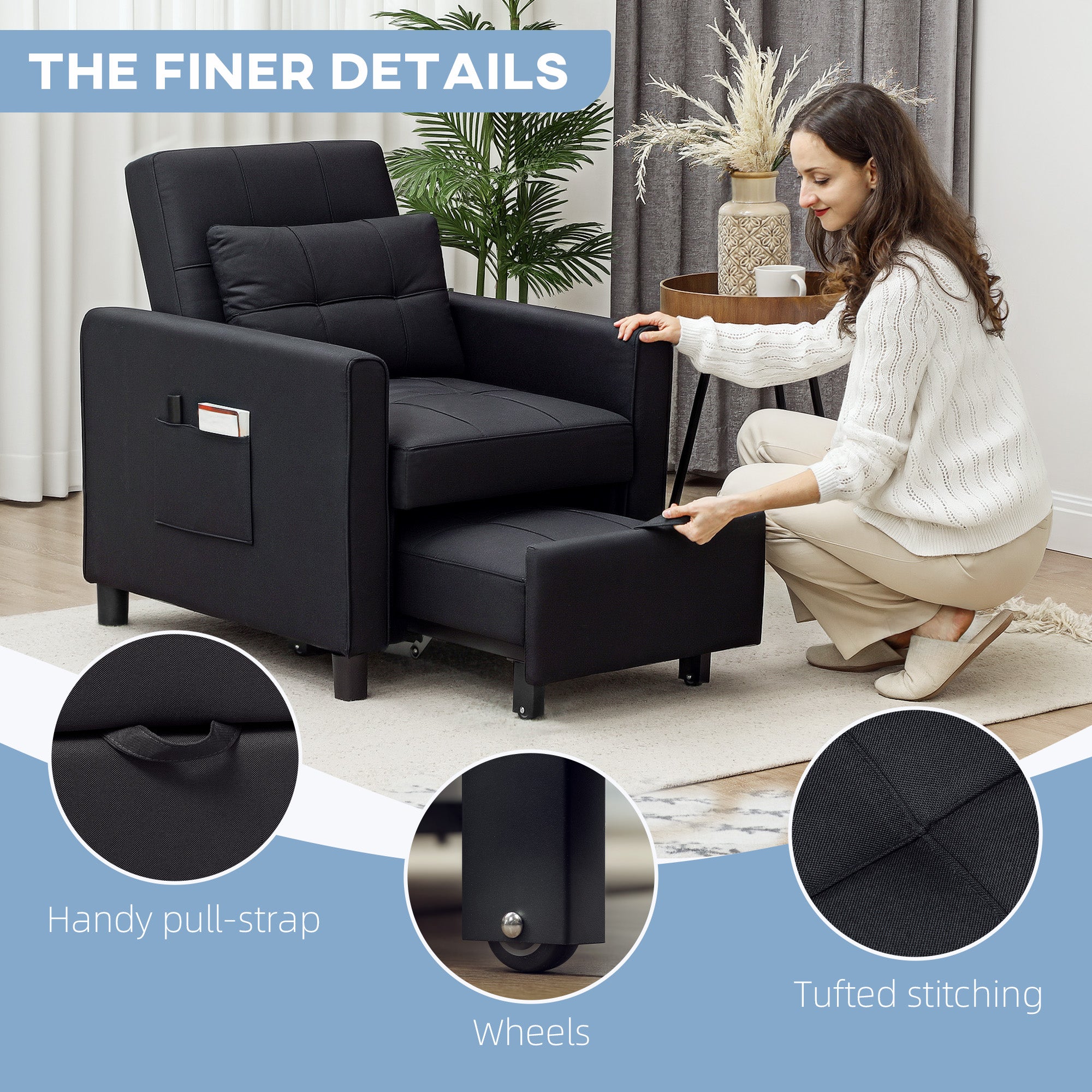 HOMCOM 3-In-1 Convertible Chair Bed, Pull Out Sleeper Chair with Adjustable Backrest, Side Pockets, Black - North Peak Garden Furniture