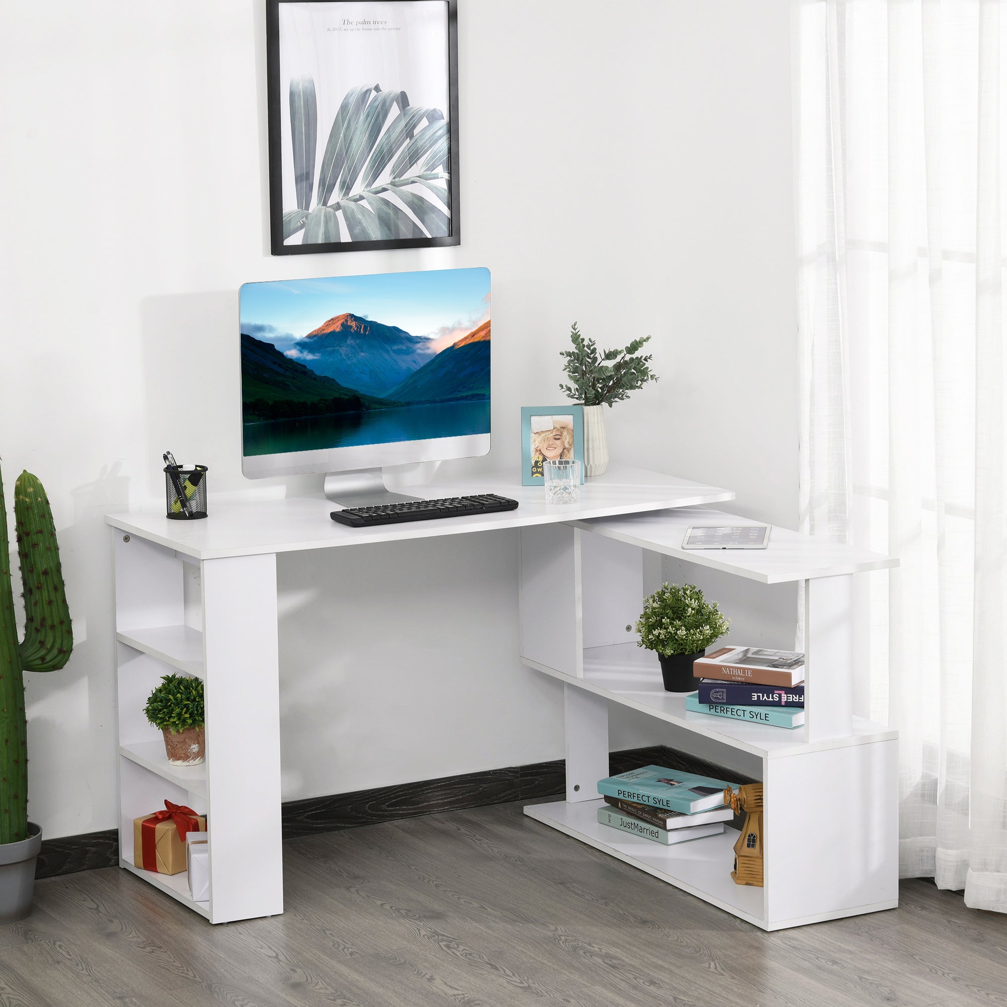 HOMCOM Corner Computer Desk, L Shaped Desk with 360° Rotating Bookshelf, 120L x 110W x 74.5H cm, White