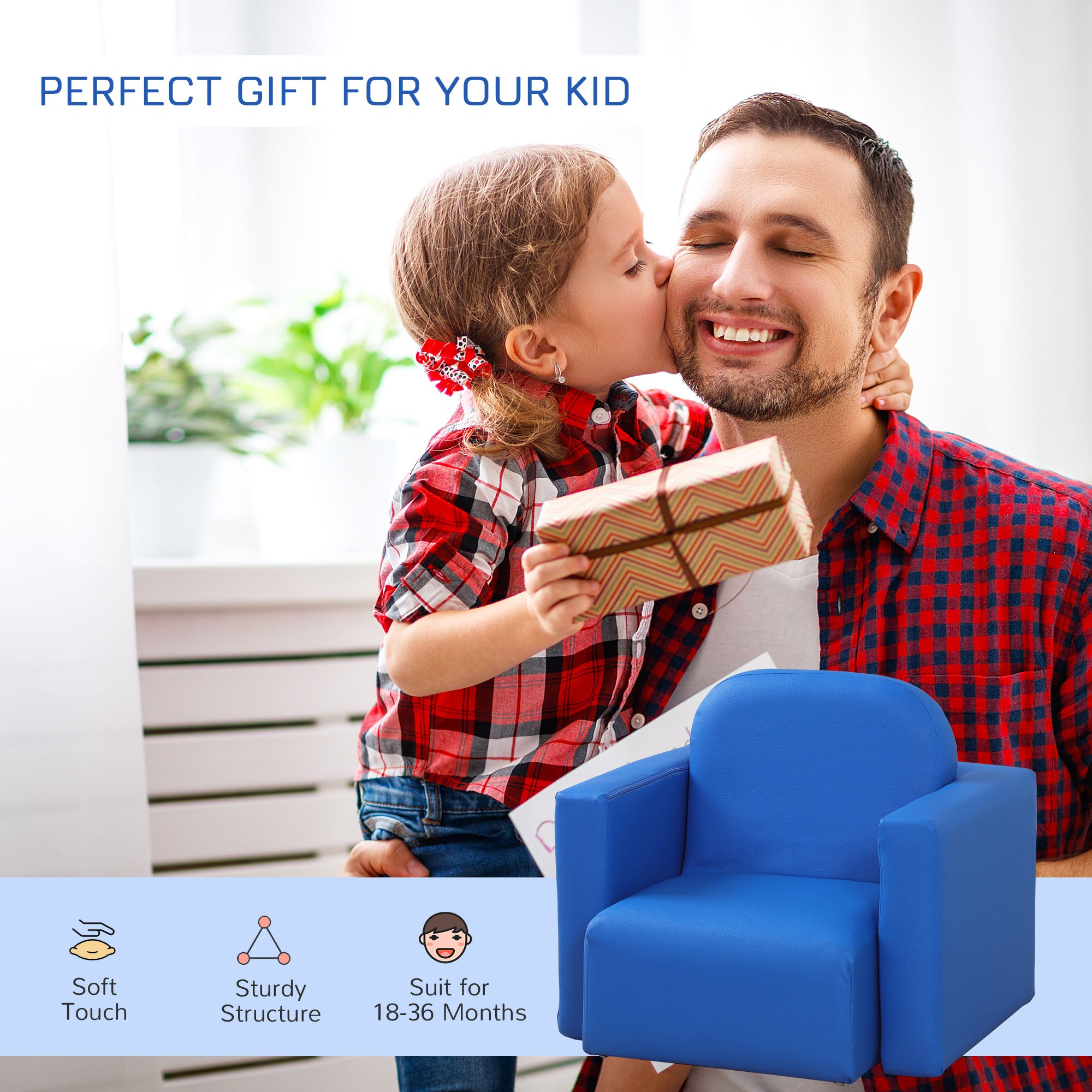 HOMCOM 2 In 1 Toddler Sofa Chair, 48 x 44 x 41 cm, for Game Relax Playroom, Blue - North Peak Garden Furniture