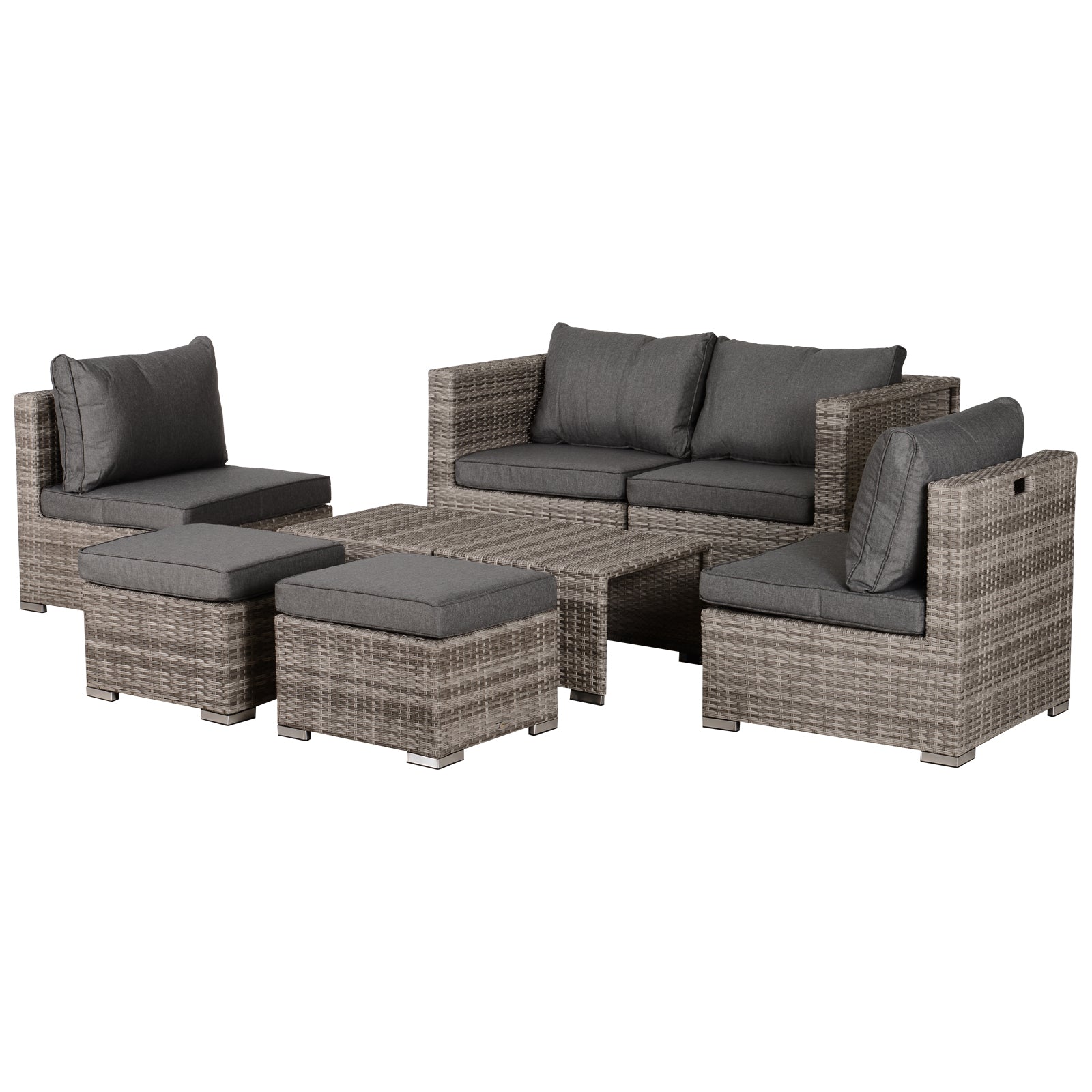 Outsunny 6-Seater Rattan Garden Furniture 6 Seater Sofa & Coffee Table Set Outdoor Patio Furniture Wicker Weave Chair Space-saving Compact, Grey