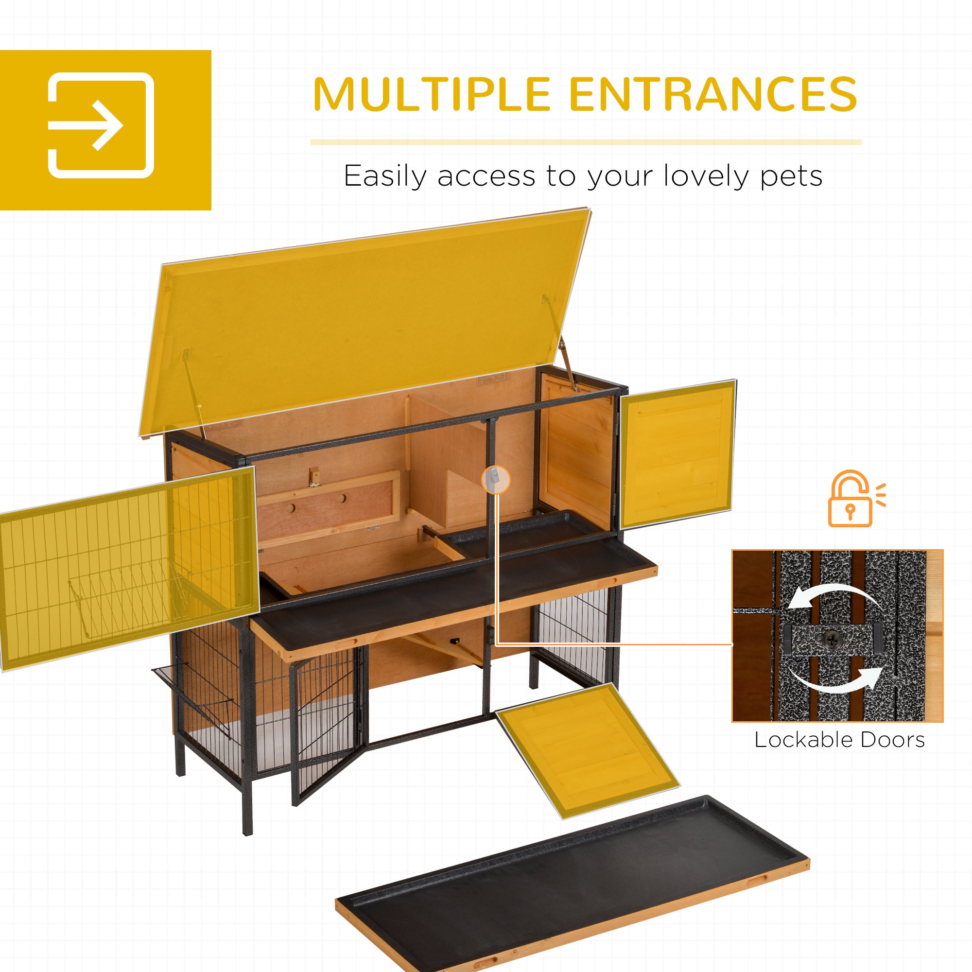 PawHut Rabbit Hutch Outdoor Guinea Pig Hutch Bunny Cage Metal Frame with No-Leak Tray Openable Roof Light Yellow 122 x 50 x 101cm - North Peak Garden Furniture