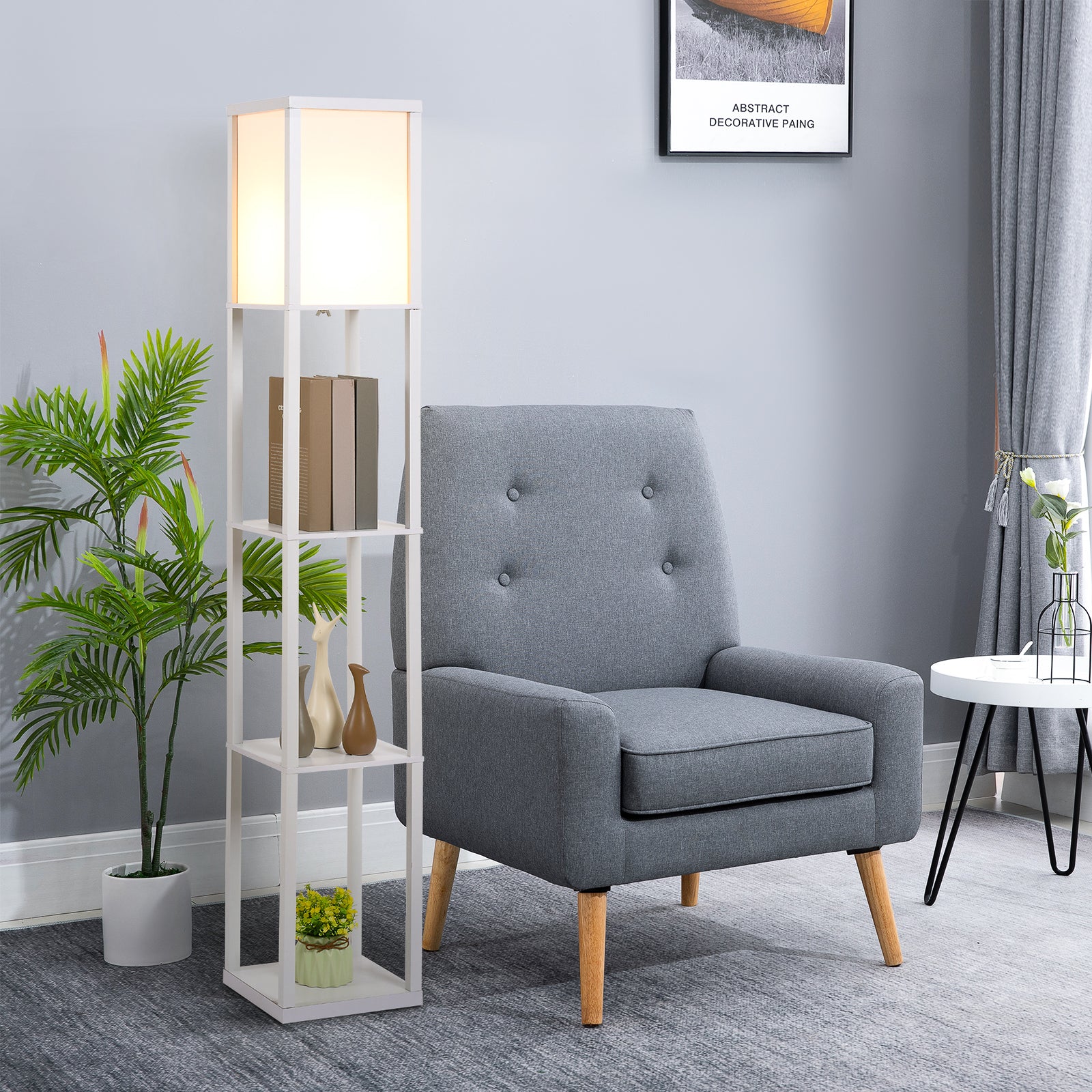 HOMCOM 3-Tier Floor Lamp, Floor Light with Storage Shelf, Reading Standing Lamp for Living Room, Bedroom, Kitchen, Dining Room, Office, Dorm, 160cm, White - North Peak Garden Furniture