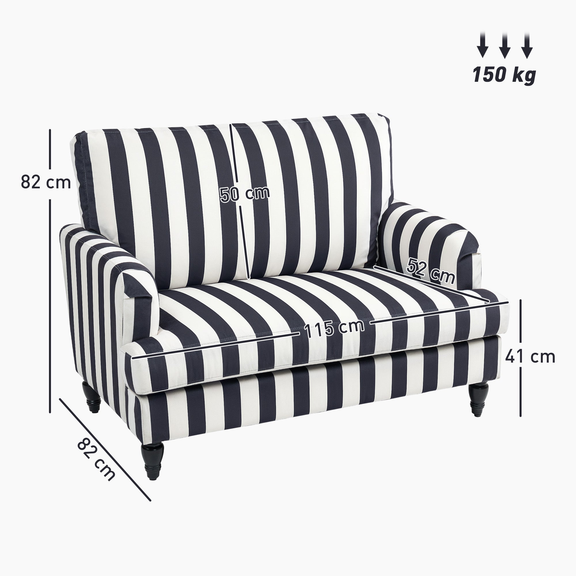 HOMCOM Modern Cuddle Chair, Velvet Single Sofa Armchair with Stripe, Turned Legs and Wide Seat, Upholstered Snuggle Chair for Living Room, Bedroom, Black and White