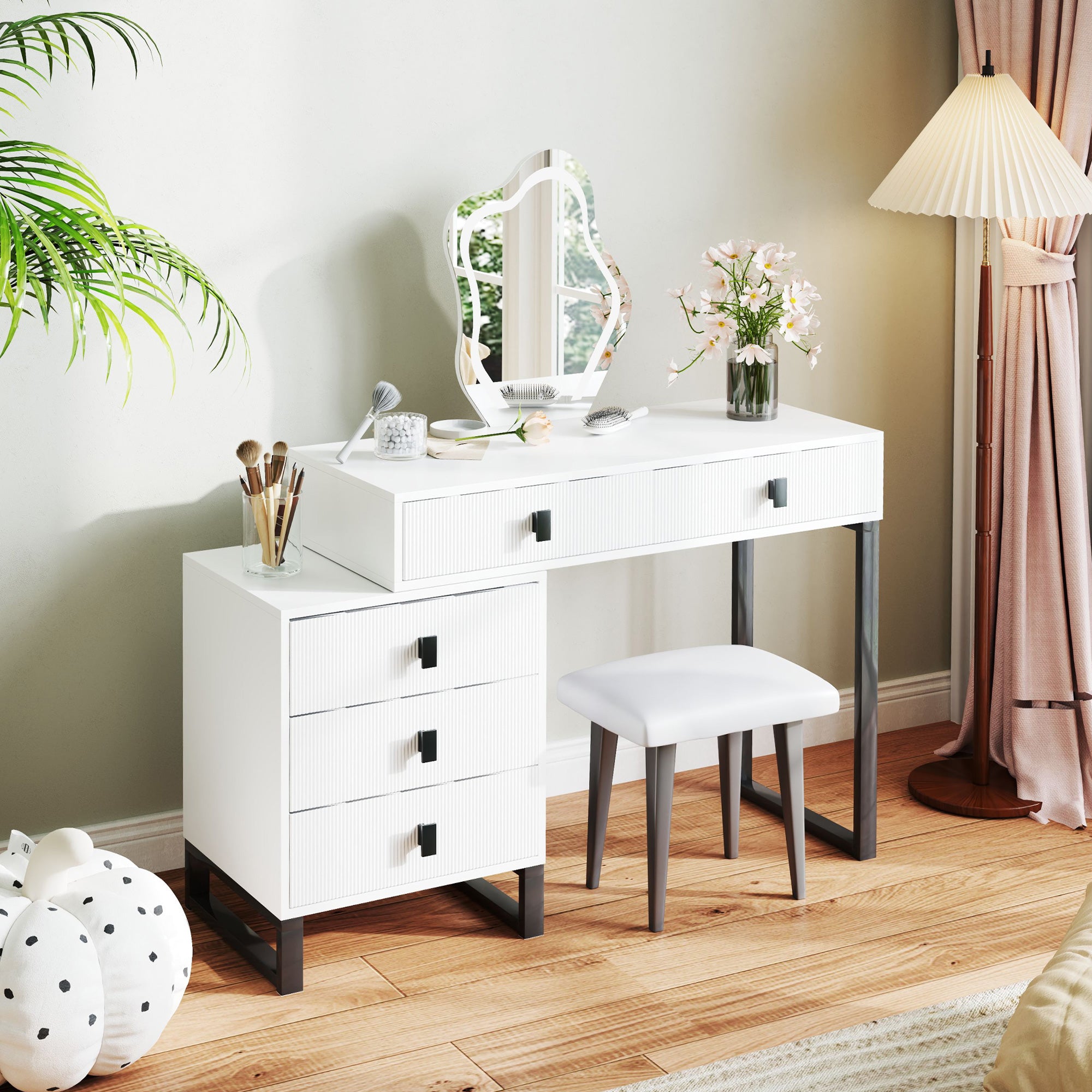 HOMCOM LED Lighted Dressing Table with Leaf Shape Mirror, Modern Vanity Desk with 5 Drawers, Makeup Desk with Fluted Panels, White - North Peak Garden Furniture