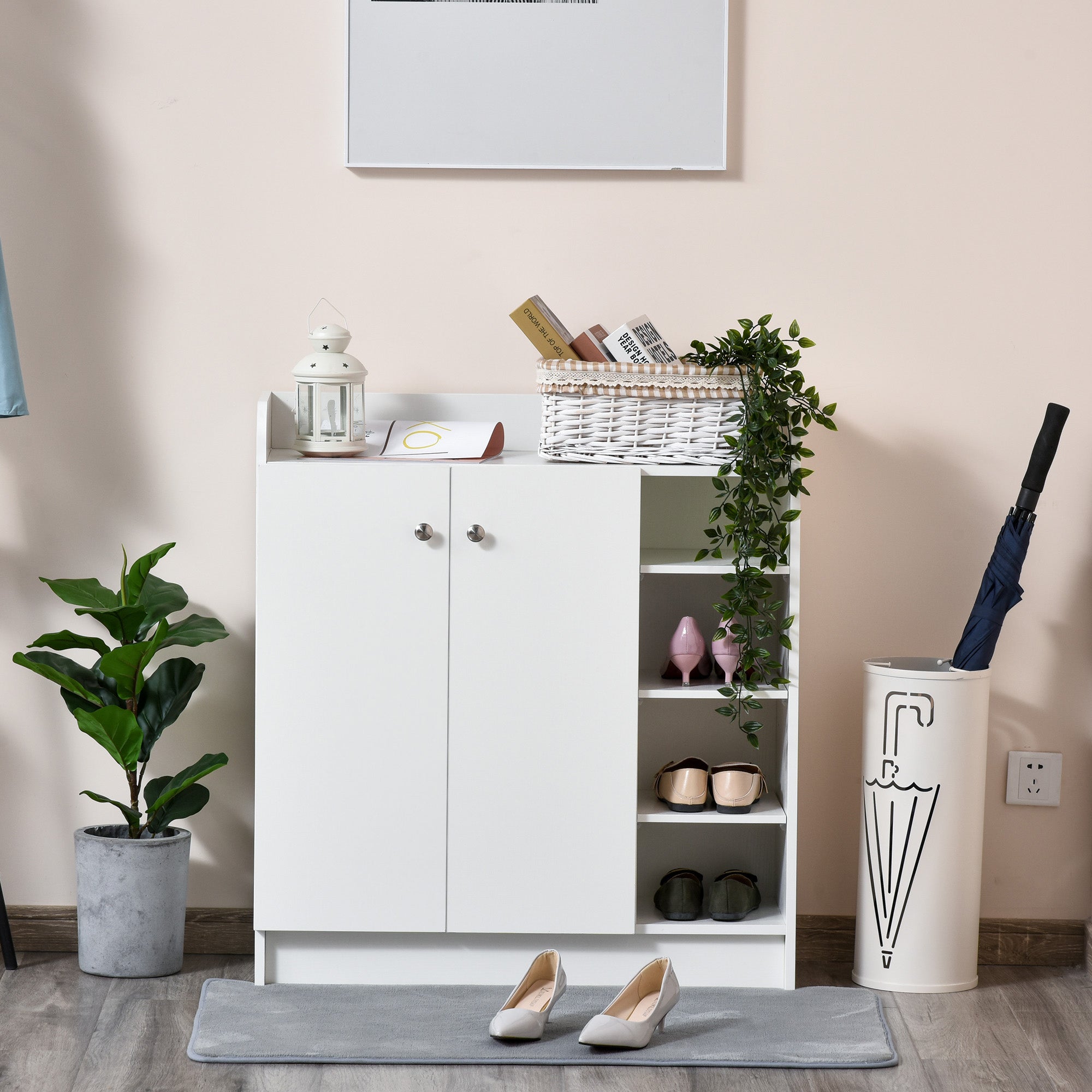 HOMCOM Shoe Storage Cabinet Two Doors w/ Adjustable 4 Shelves Cupboard Footwear Rack Stand Organiser Hallway White - North Peak Garden Furniture