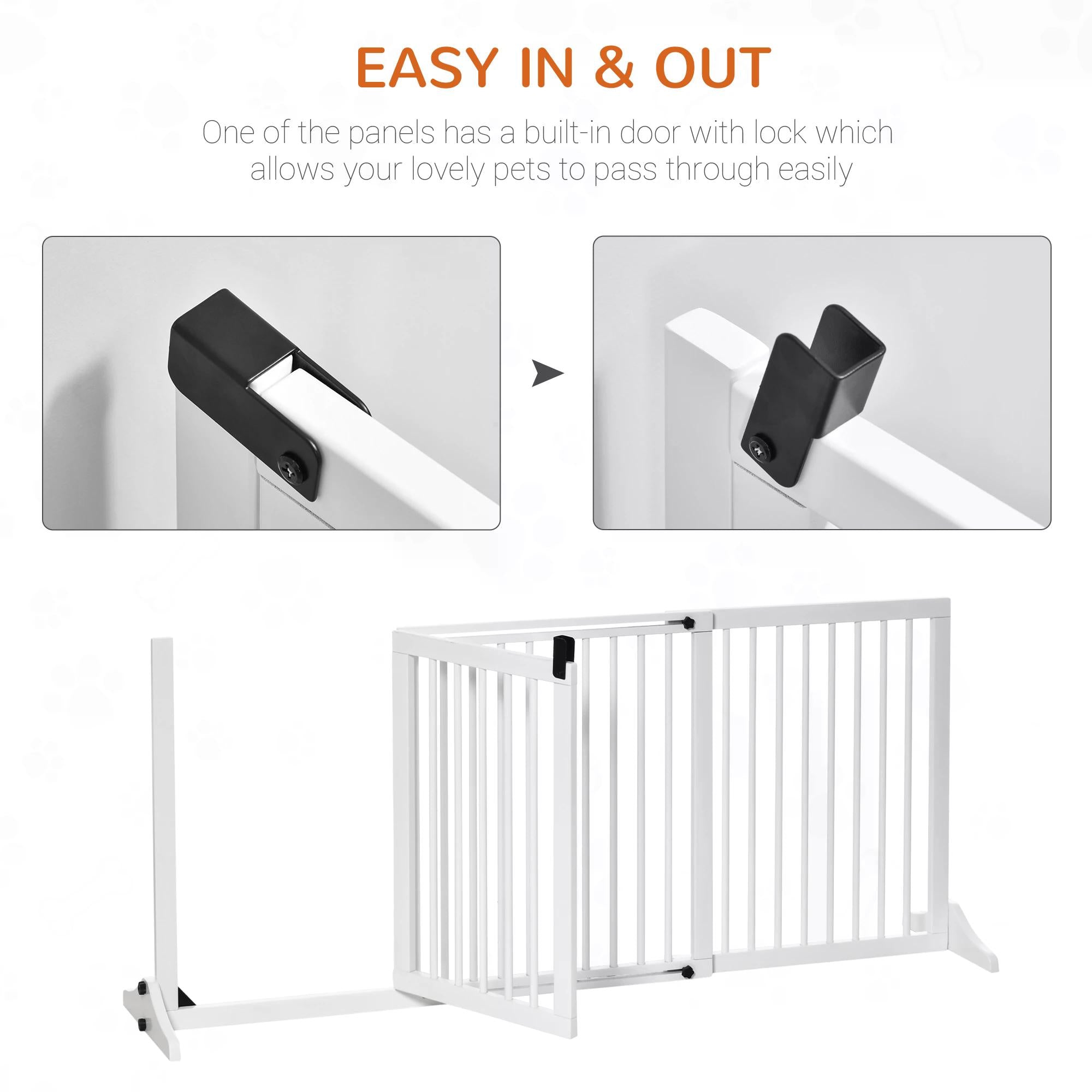 PawHut Adjustable Wooden Pet Gate Freestanding Dog Barrier Fence Doorway 3 Panels Safety Gate w/ Lockable Door White 71H x 113-166W cm