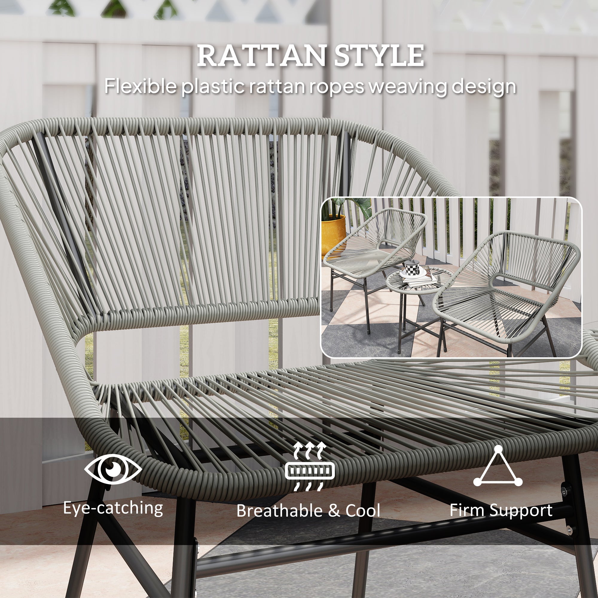 Outsunny 3 Pieces Rattan Bistro Set, Wicker Small Garden Table and Chairs Set with Cushions and Glass Top Coffee Table, Bistro Garden Furniture Set for Outdoor, Patio, Balcony, Light Grey - North Peak Garden Furniture