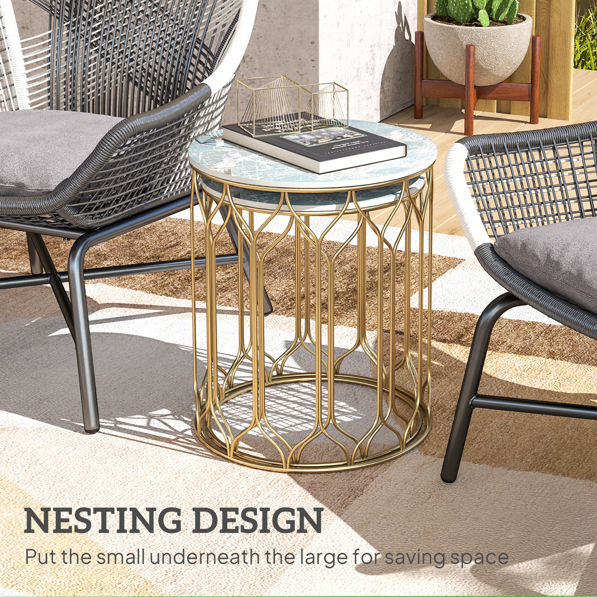 Outsunny Garden Side Table Set of 2, Nesting Tables with Ceramic Tile Top, Indoor Outdoor Small Garden Tables, Multifunctional End Tables with Metal Frame for Patio, Balcony, Porch, Multicoloured - North Peak Garden Furniture
