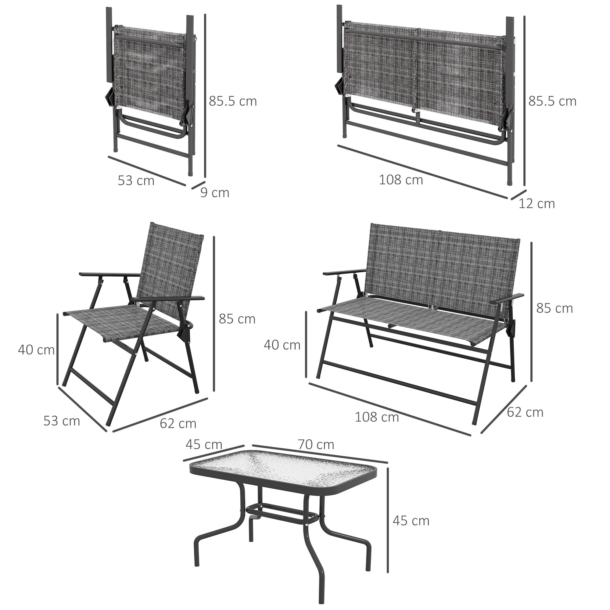 Outsunny Outdoor 4 Pieces Patio Furniture Set with Breathable Mesh Fabric Seat & Backrest, Garden Set with Two Foldable Armchairs, a Loveseat & Glass Top Table, Mixed Grey