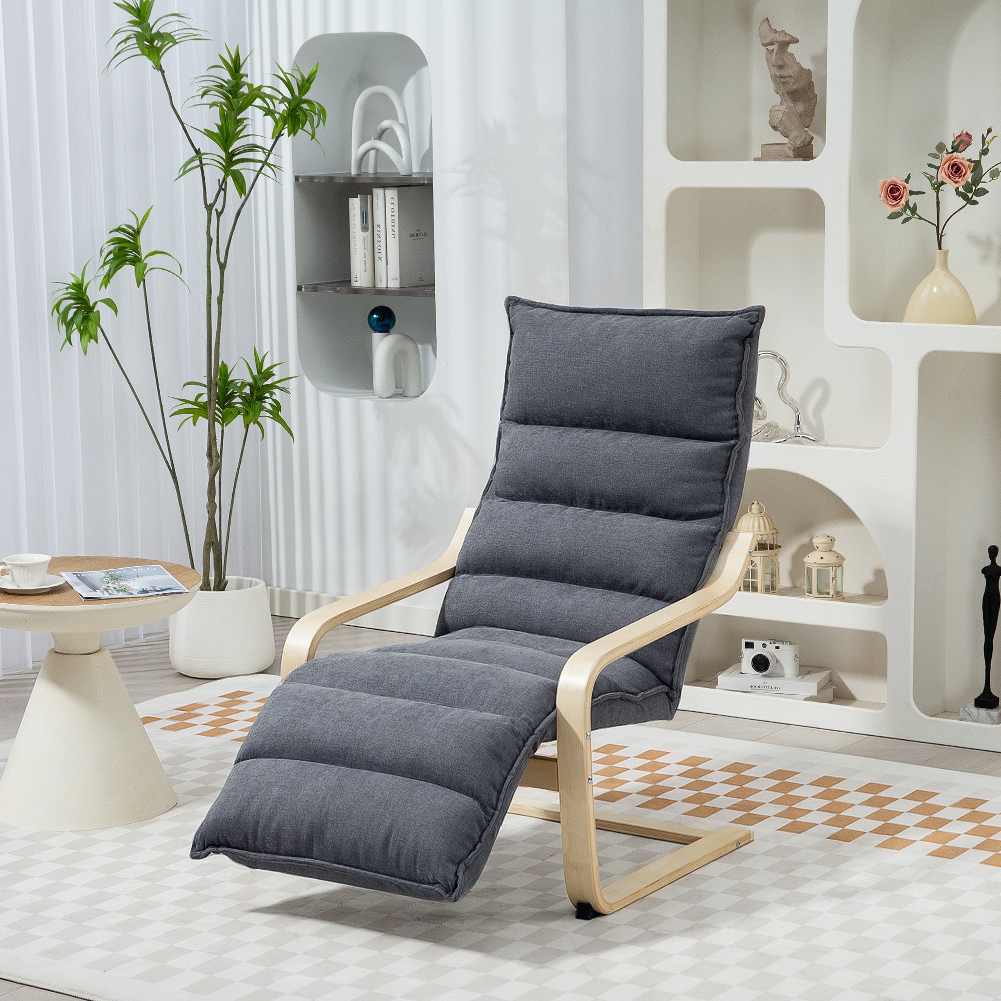HOMCOM Curved Wooden Accent Chair, with Adjustable Footrest - Drak Grey - North Peak Garden Furniture