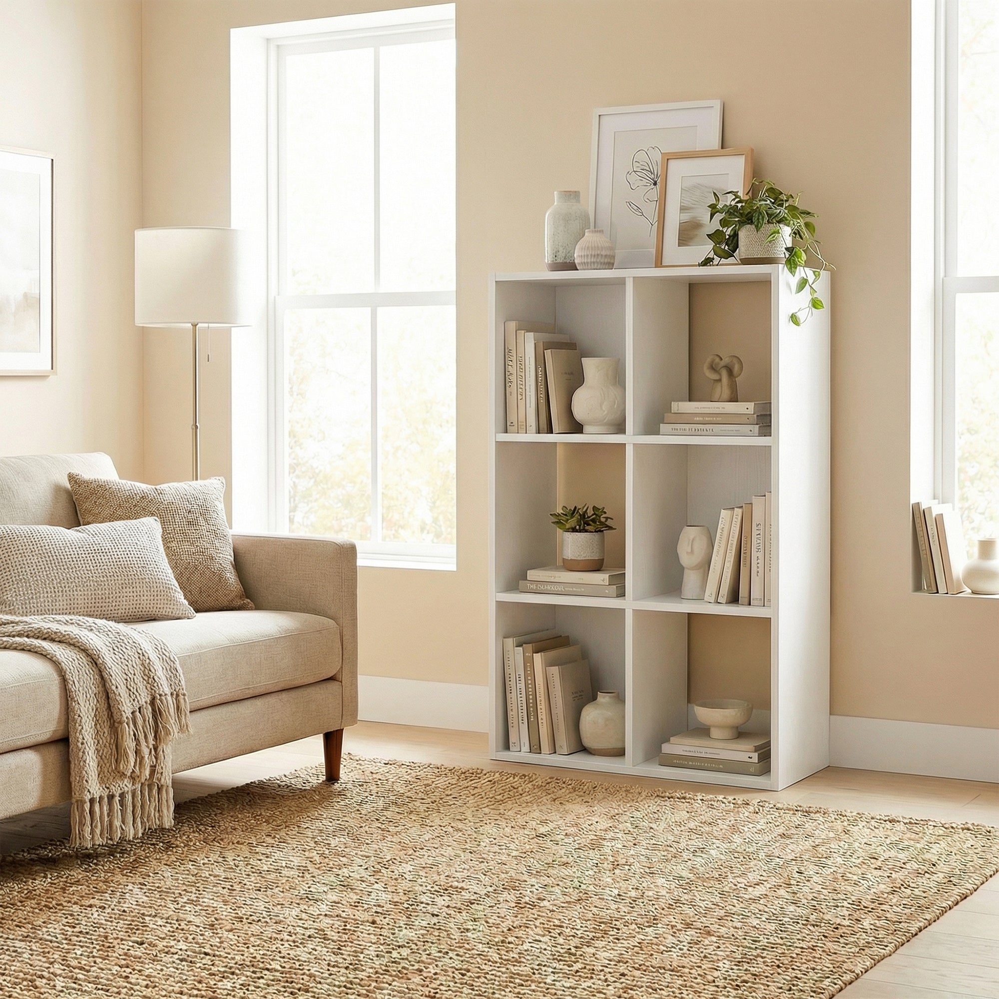 HOMCOM Industrial Style Storage Shelf, Bookcase, Bookshelf with 6 Compartments, for Living Room, Home Study, White Wood Effect