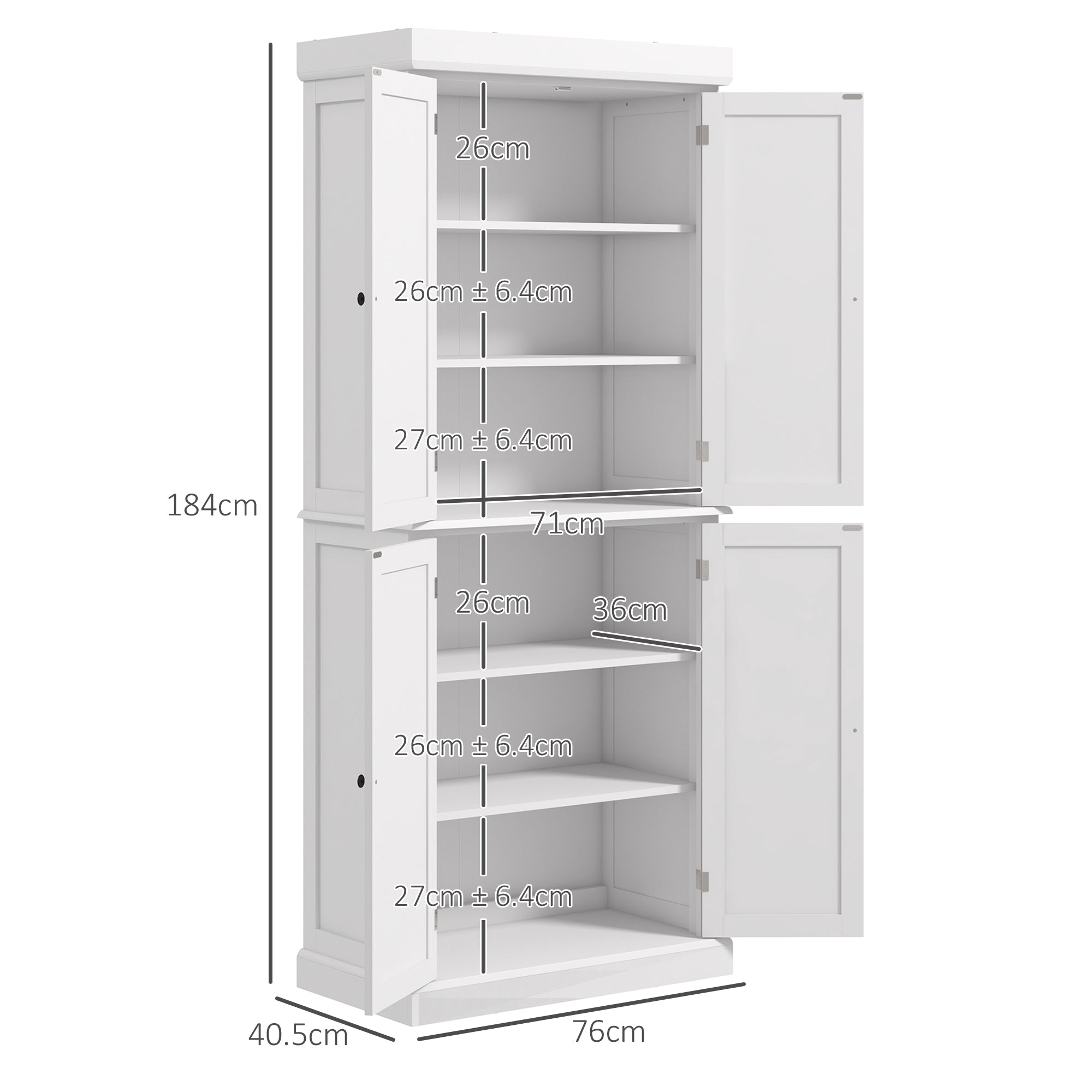 HOMCOM Freestanding Kitchen Cupboard with 4 Doors, Storage Cabinet with 6-Tier Shelving and 4 Adjustable Shelves, White - North Peak Garden Furniture