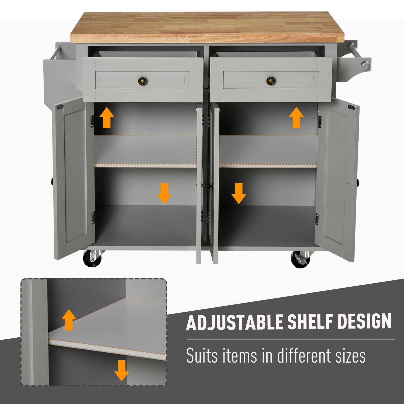 HOMCOM Rolling Kitchen Island Storage Trolley with Rubber Wood Top & Drawers for Dining Room, Grey - North Peak Garden Furniture
