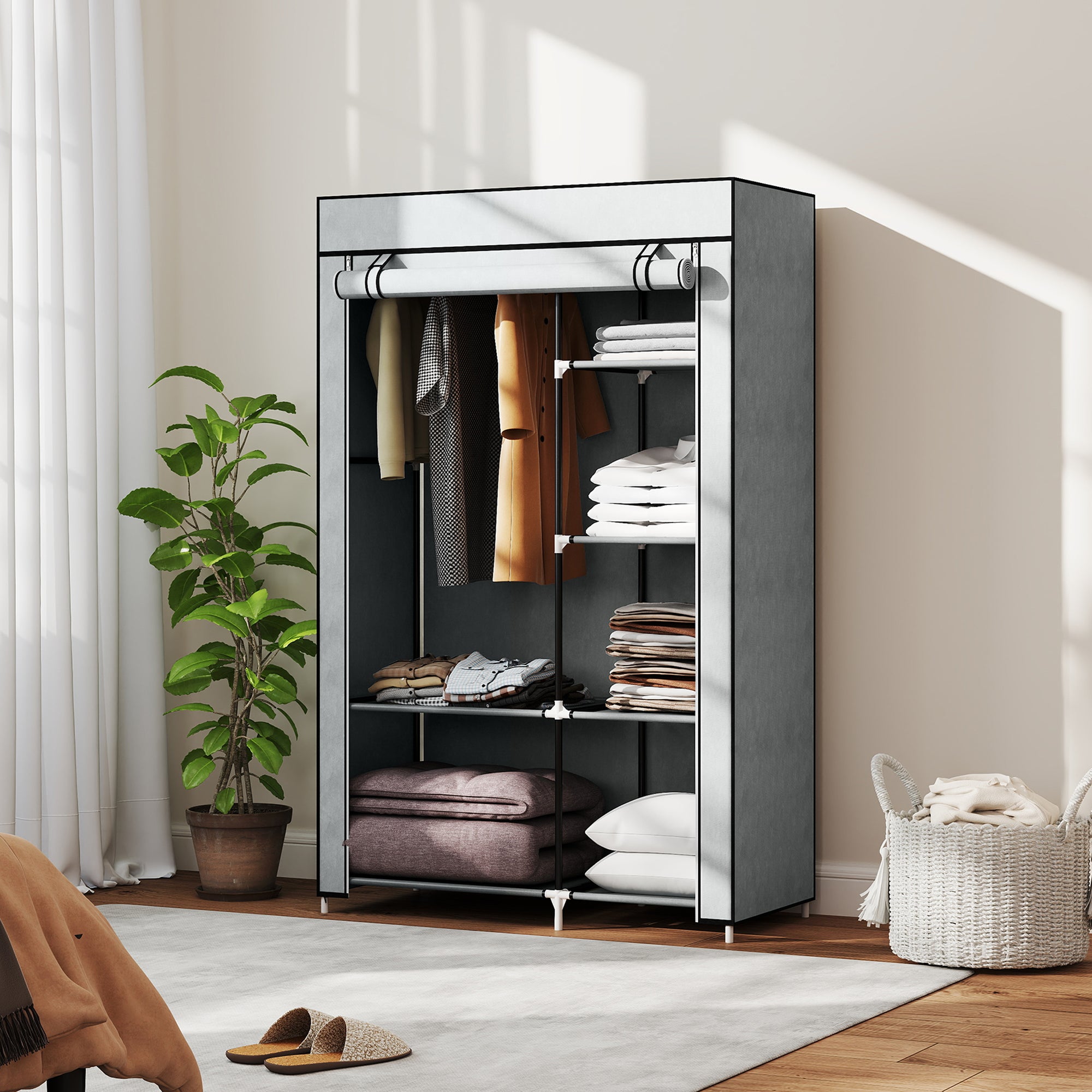 HOMCOM Fabric Wardrobe, Portable Wardrobe with 6 Shelves, 1 Hanging Rail, Foldable Closets, 103 x 43 x 162.5 cm, Light Grey - North Peak Garden Furniture