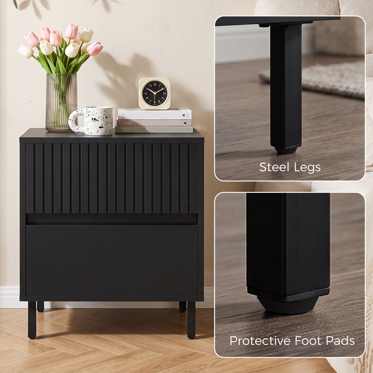 HOMCOM Bedside Cabinet, Bedside Table with 2 Drawers, Storage and Steel Legs for Bedroom, Living Room, Black