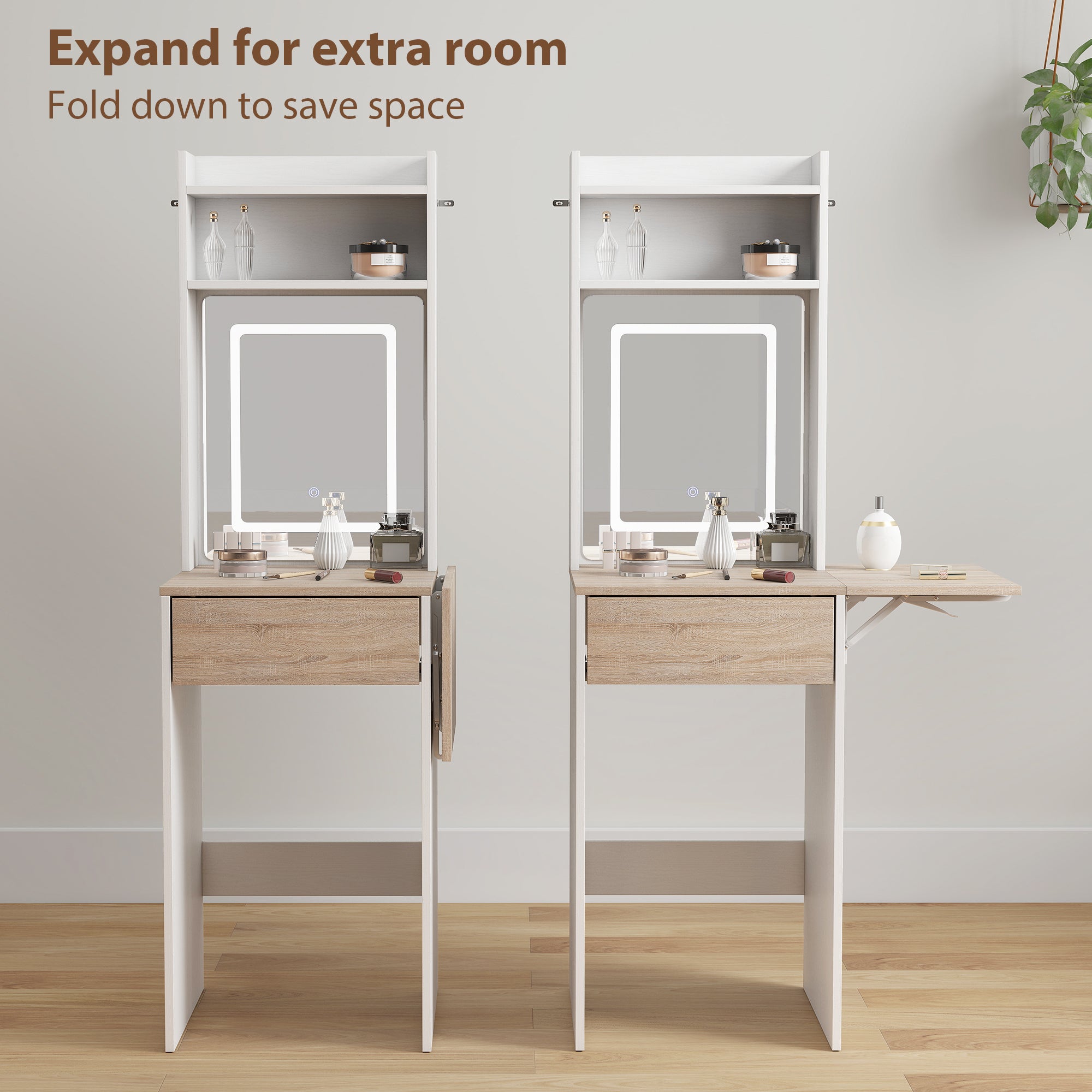 HOMCOM Small Vanity Desk with Mirror and LED Lights, Compact Dressing Table with Drop Leaf, Open Shelves and Drawer, White