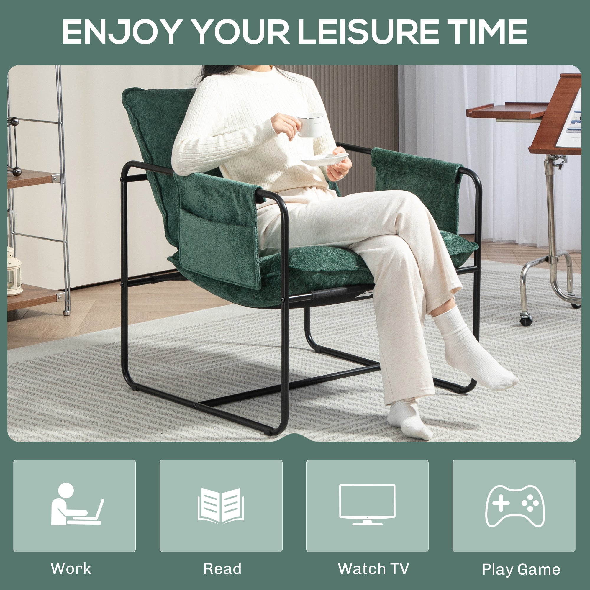 HOMCOM Minimal Padded Accent Chair, with Pockets - Green - North Peak Garden Furniture