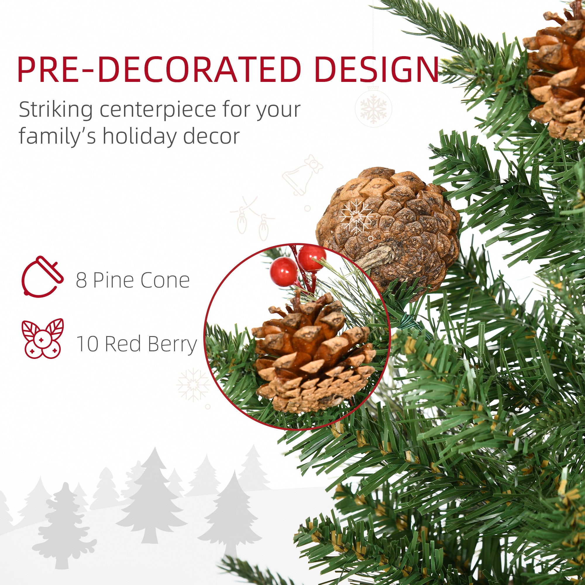 HOMCOM 2 Pieces Set 3 Ft Artificial Christmas Tree with 110 Realistic Branches, Pine Cones, Red Berries, Gold Pot, for Doorway, Porch, Green