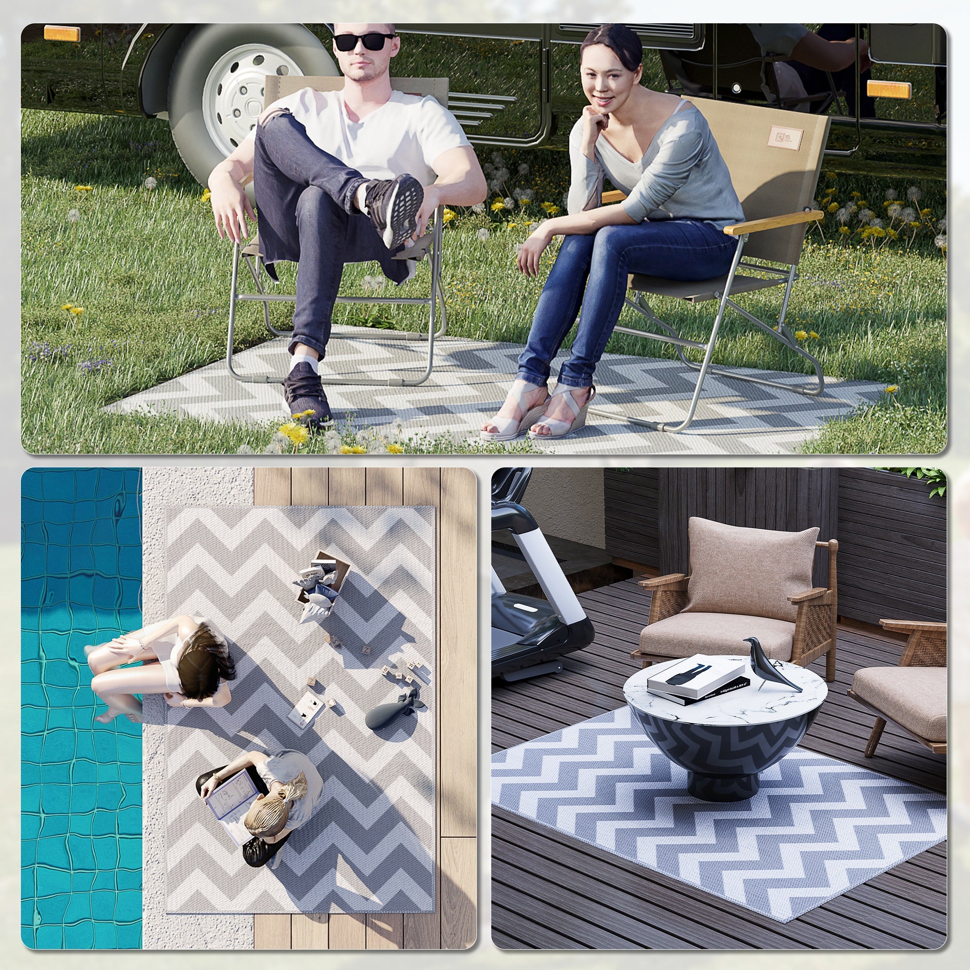 Outsunny Reversible Outdoor Rug, 1.2 x 1.8m Patio Carpet, Waterproof Plastic Rug for Garden, Deck, Picnic, Beach, Camping, Grey and White - North Peak Garden Furniture