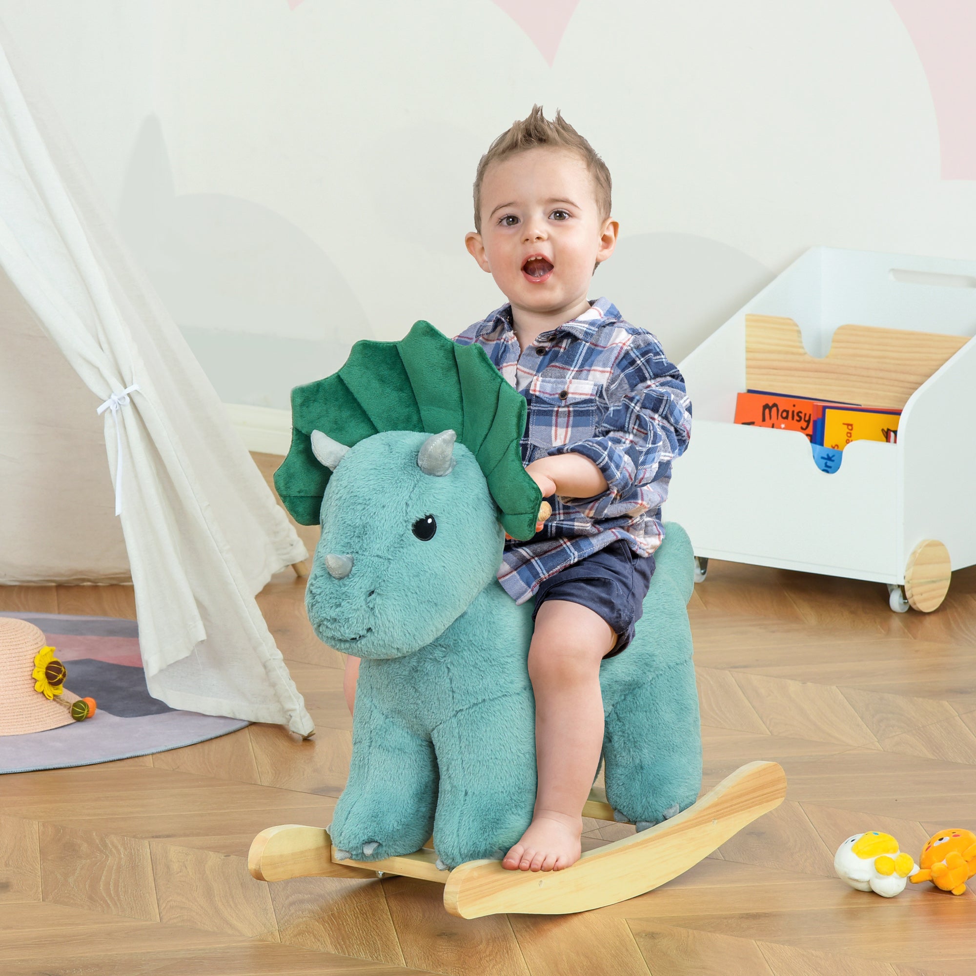HOMCOM Plush Ride-On Rocking Dinosaur, with Sound - Green - North Peak Garden Furniture