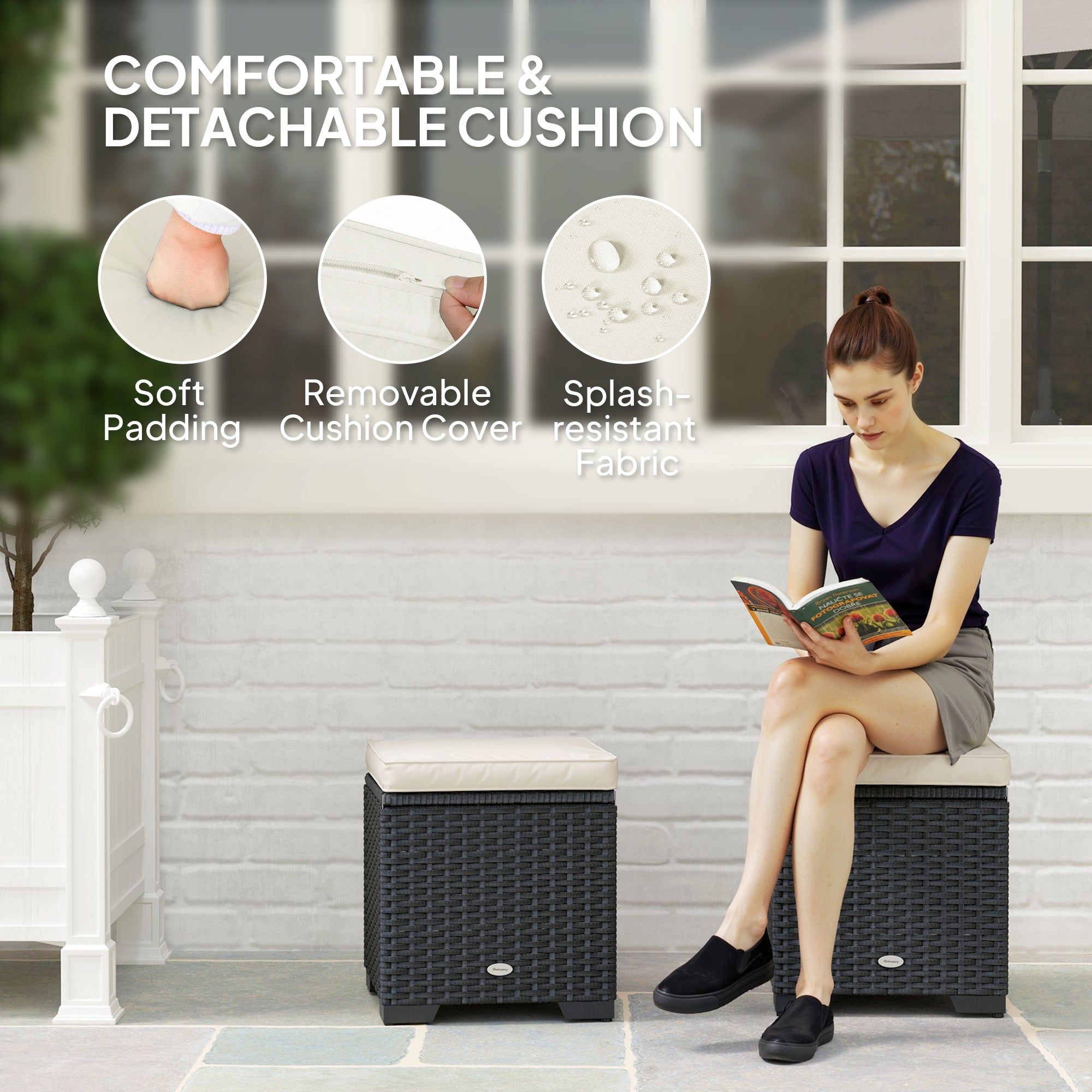 Outsunny Set of 2 Rattan Storage Ottoman, Outdoor Footstool with Removable Cushions, Garden Storage Seat for Balcony, Poolside, Living Room, Cream - North Peak Garden Furniture