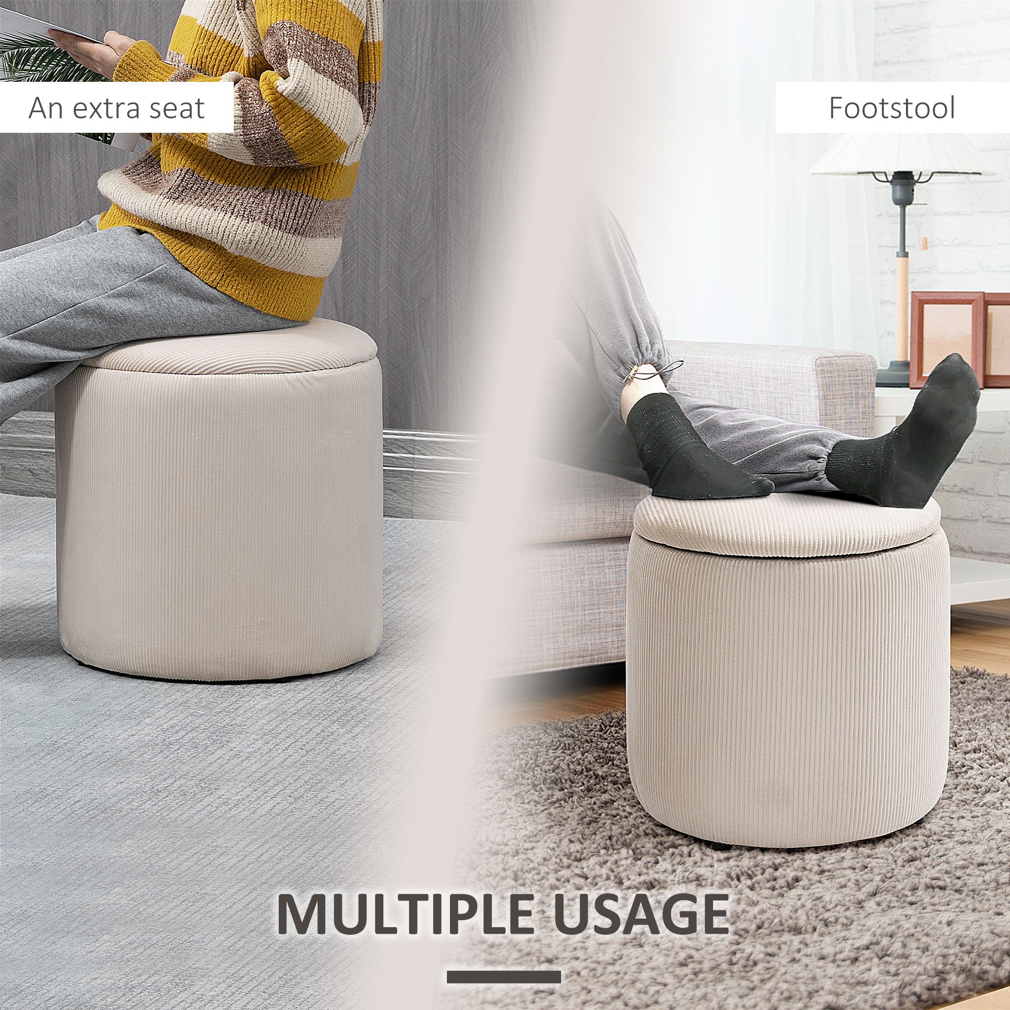 HOMCOM Modern Storage Ottoman with Removable Lid, Fabric Storage Stool, Foot Stool, Dressing Table Stool, Set of 2, Cream White - North Peak Garden Furniture
