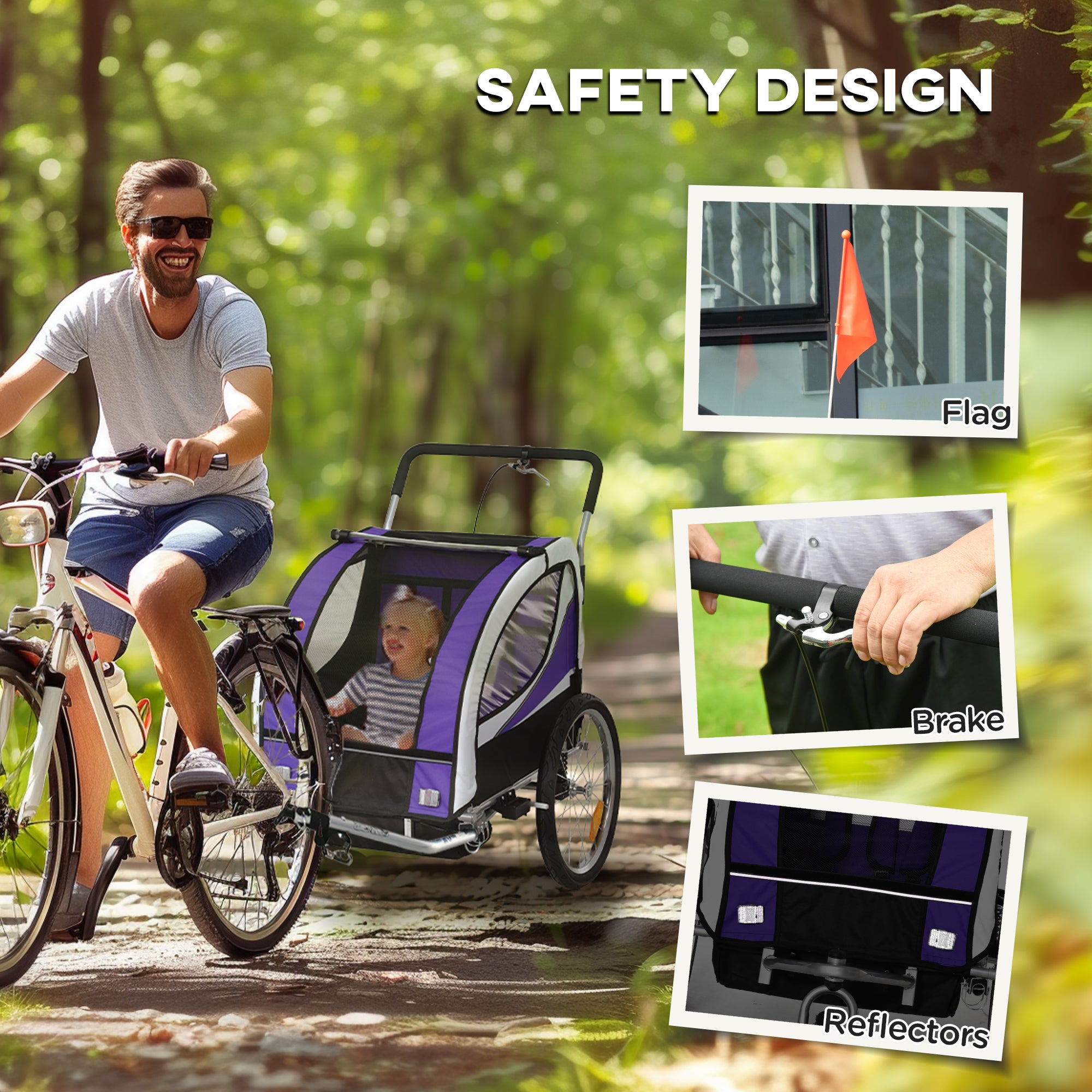 HOMCOM Baby Bike Trailer with 5 Point Harness, Steel Frame, Reflectors, Safety Flag, Hitch Coupler, Purple - North Peak Garden Furniture